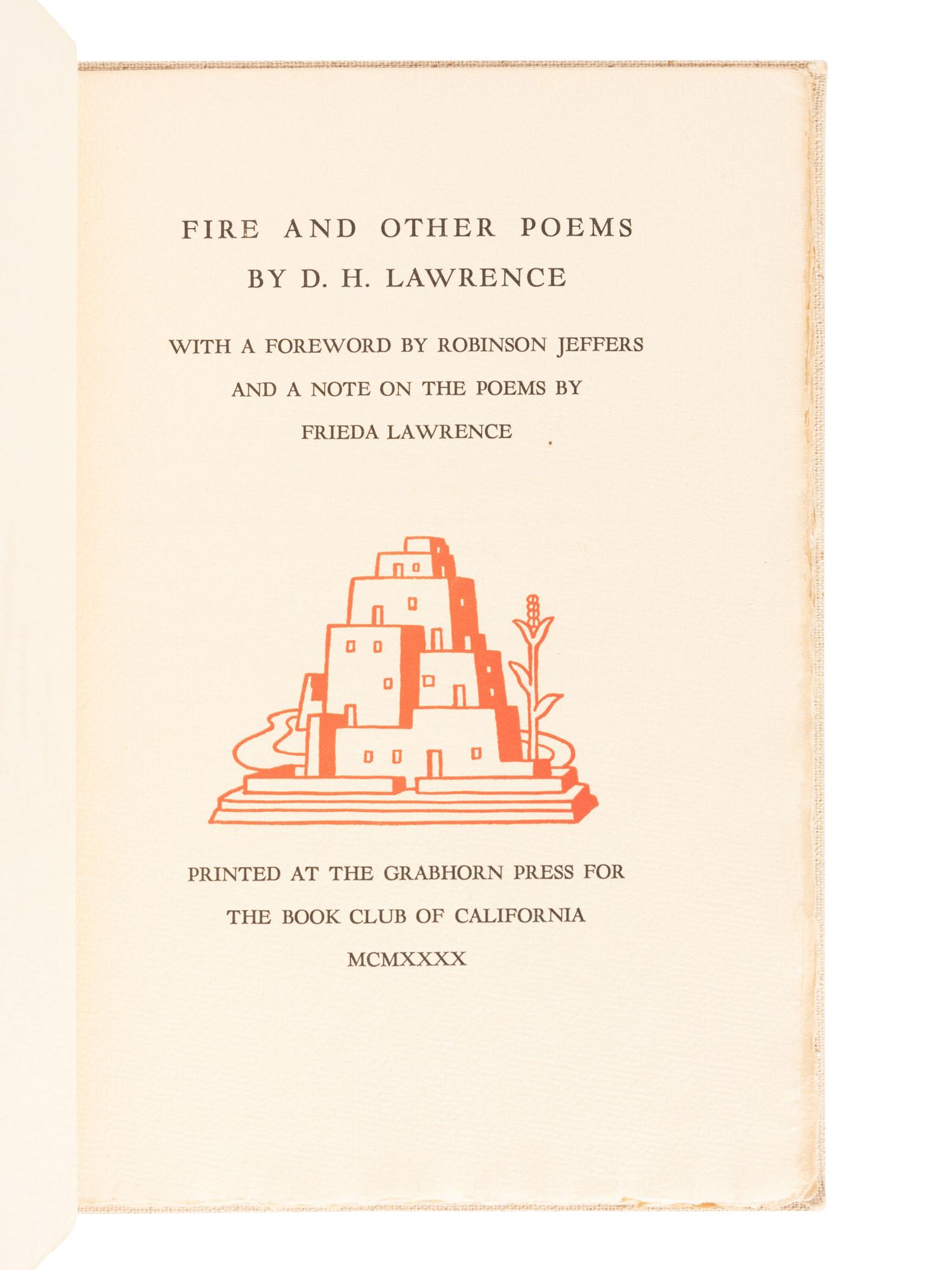 [GRABHORN PRESS]. LAWRENCE, David Herbert, (1885-1930). Fire & Other Poems . San Francisco: The Grabhorn Press, 1940.