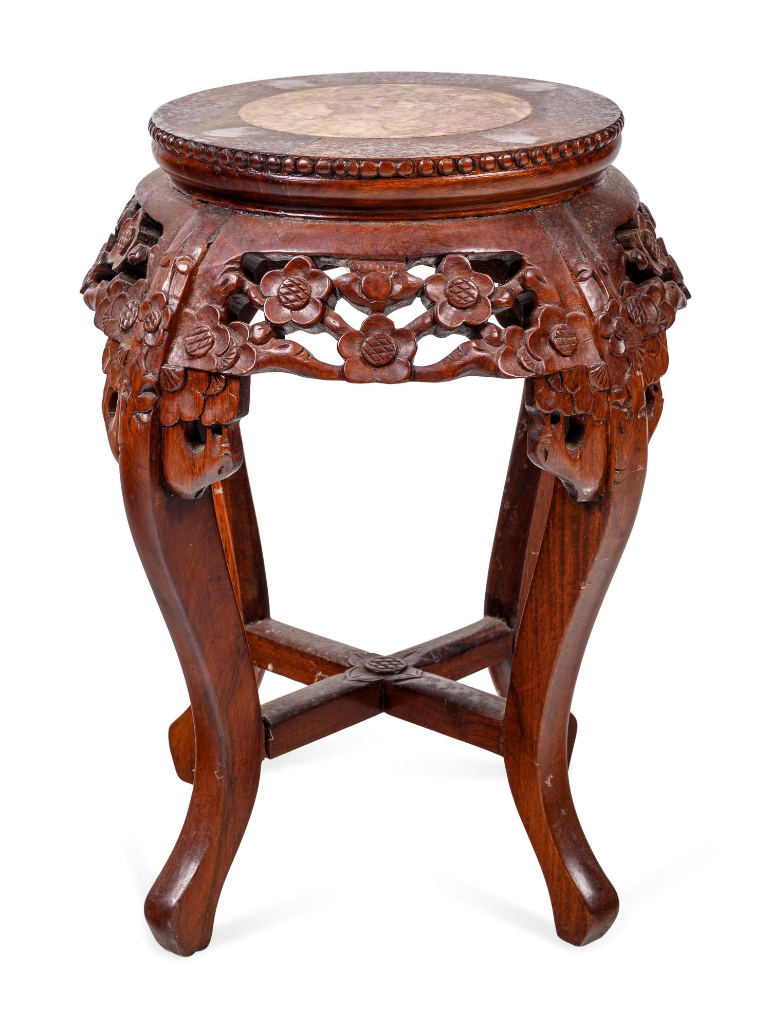 A Chinese Export Carved Wood and Marble-Top Jardinière Stand