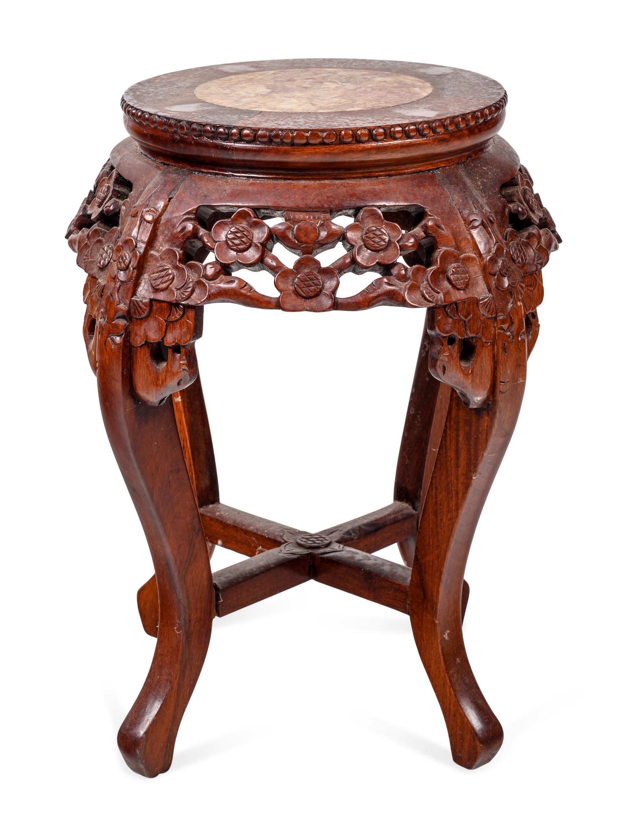 A Chinese Export Carved Wood and Marble-Top Jardinière Stand