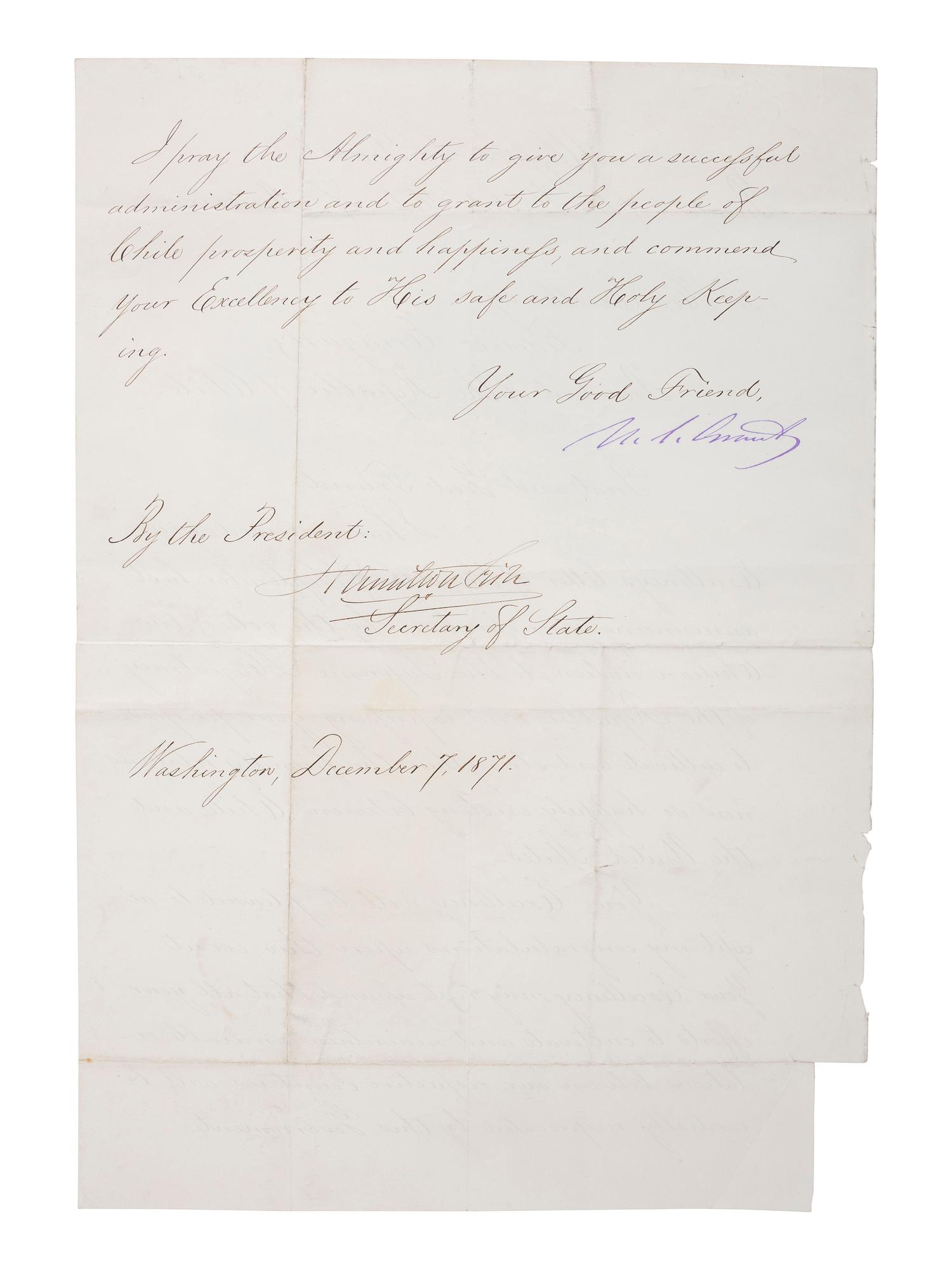 [US PRESIDENTS] -- [GRANT, Ulysses S. (1822-1885)]. Letter Signed as President, to Chilean President Federico Errázuriz Zañartu. Washington, DC, 7 December 1871.