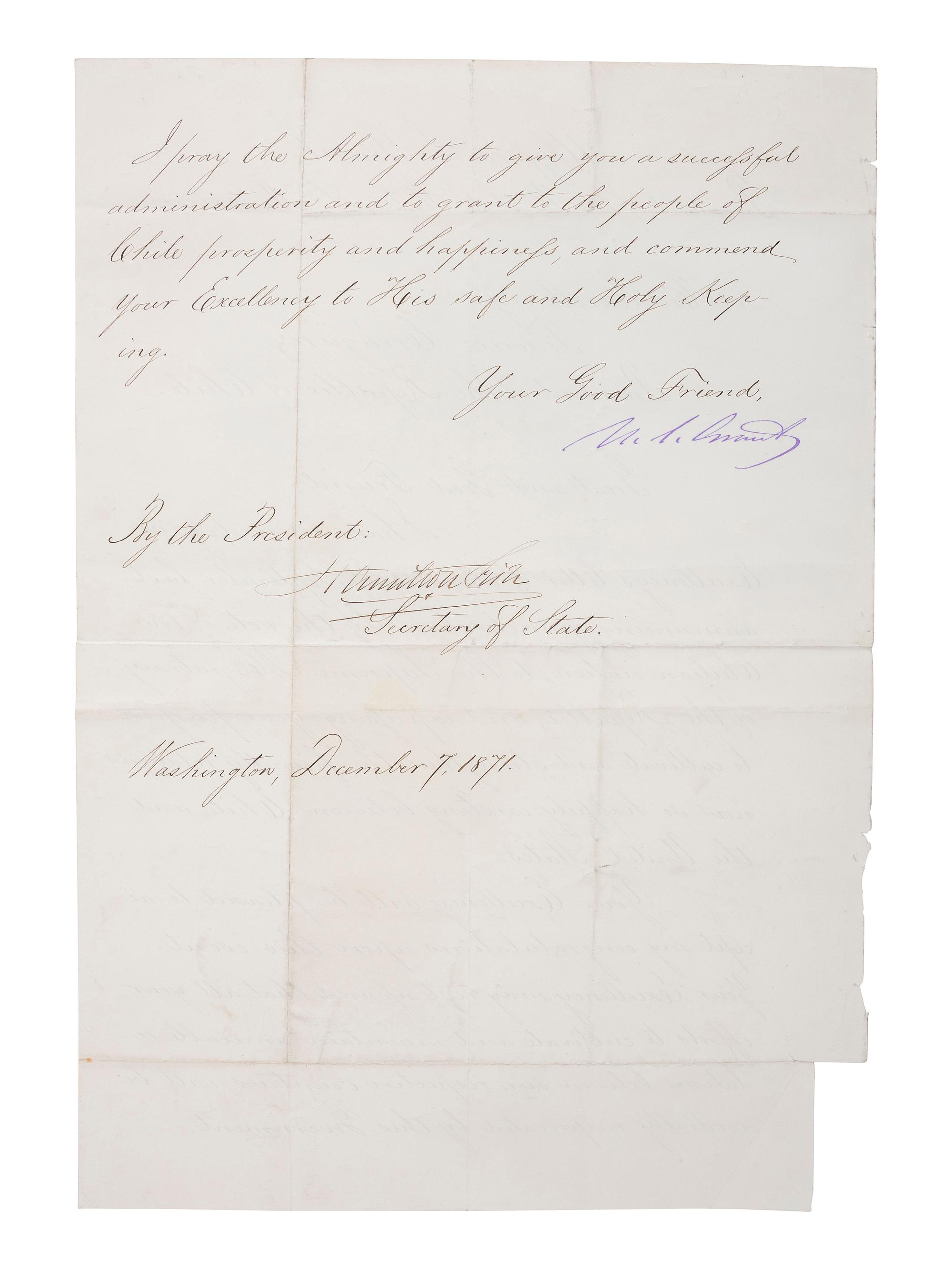 [US PRESIDENTS] -- [GRANT, Ulysses S. (1822-1885)]. Letter Signed as President, to Chilean President Federico Errázuriz Zañartu. Washington, DC, 7 December 1871.