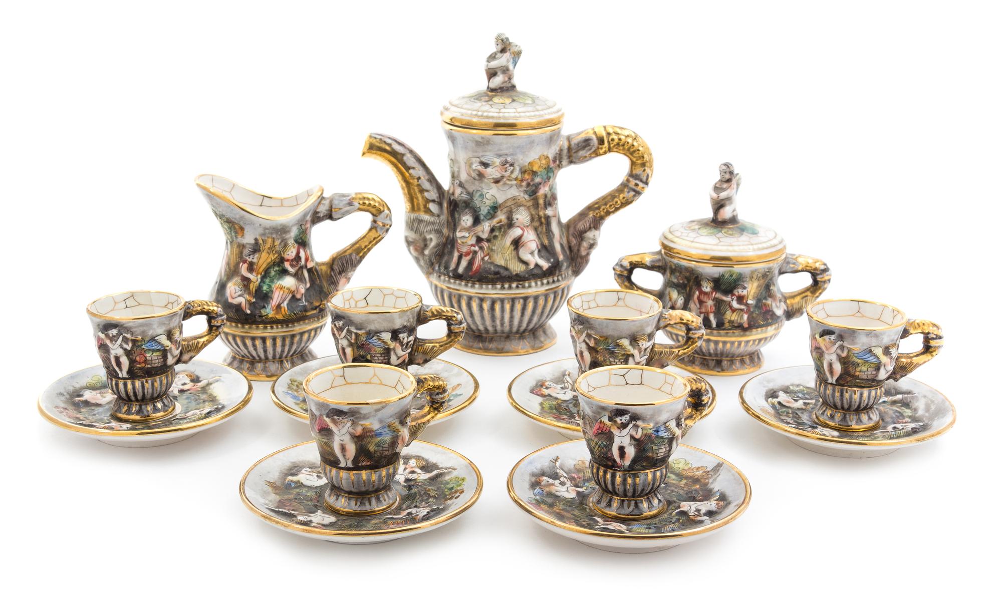 A Capo di Monte Porcelain Coffee Service Height of coffee pot 8 3/4 inches.