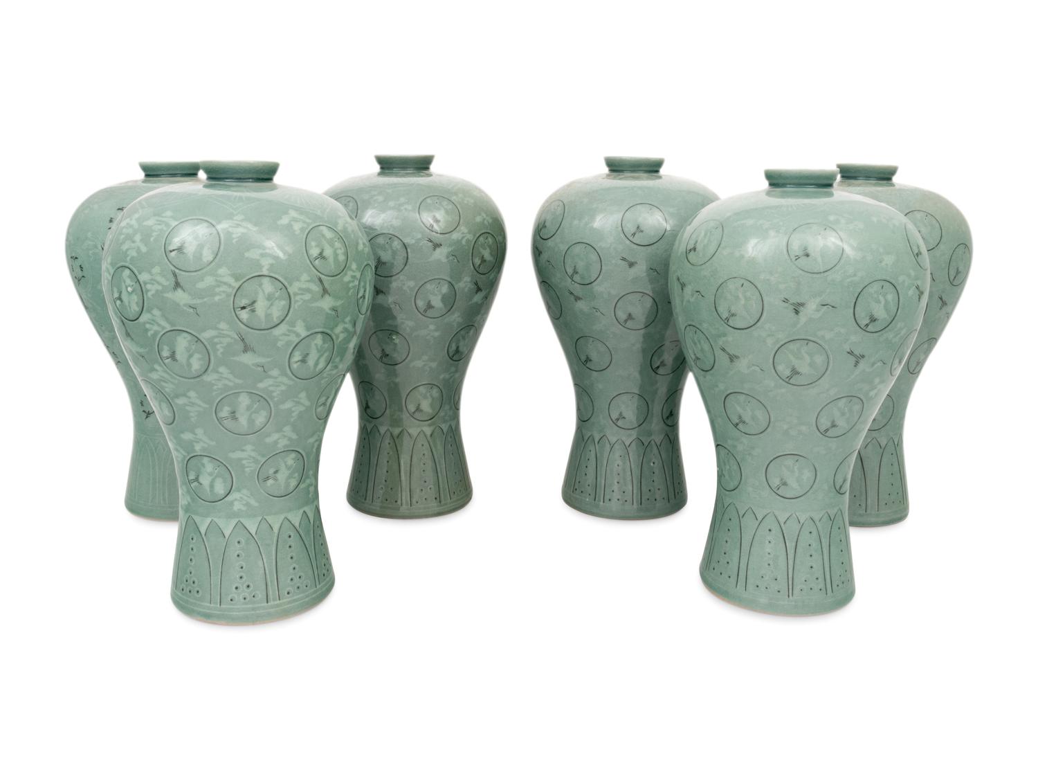 Six Korean Celadon Glazed Porcelain 'Crane and Cloud' Maebyong Vases