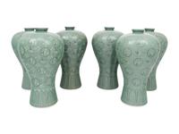 Six Korean Celadon Glazed Porcelain 'Crane and Cloud' Maebyong Vases