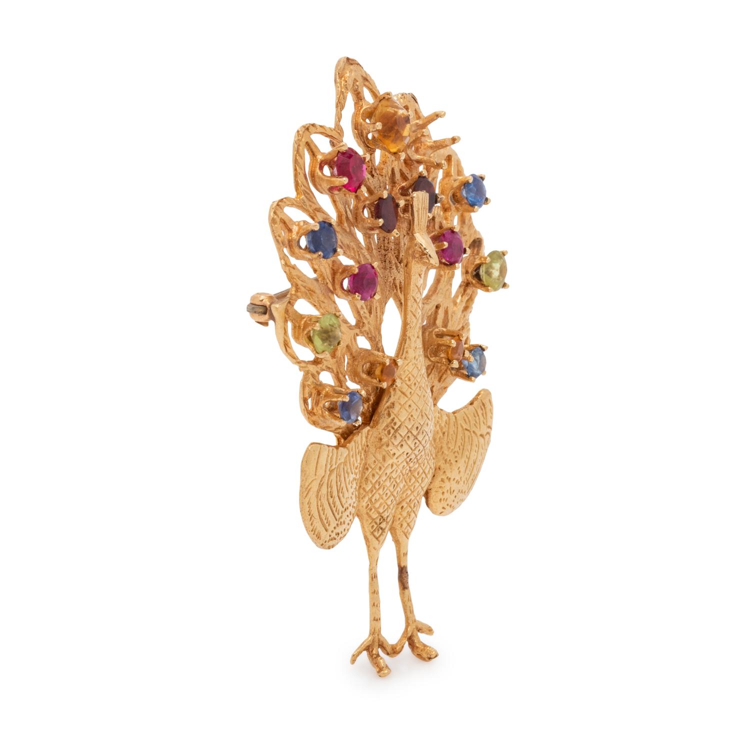 YELLOW GOLD PEACOCK BROOCH