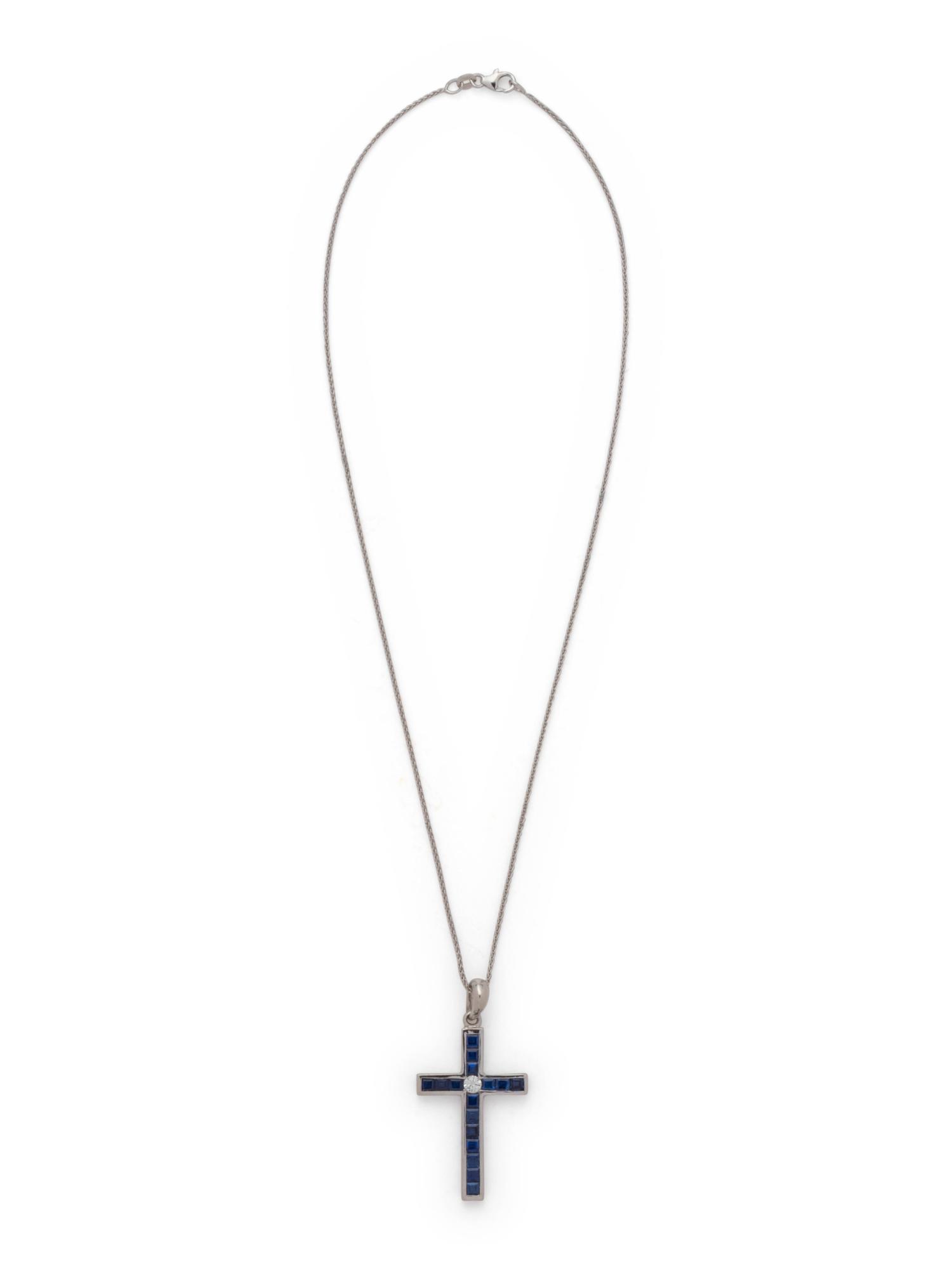 SAPPHIRE AND DIAMOND CROSS PENDANT/NECKLACE