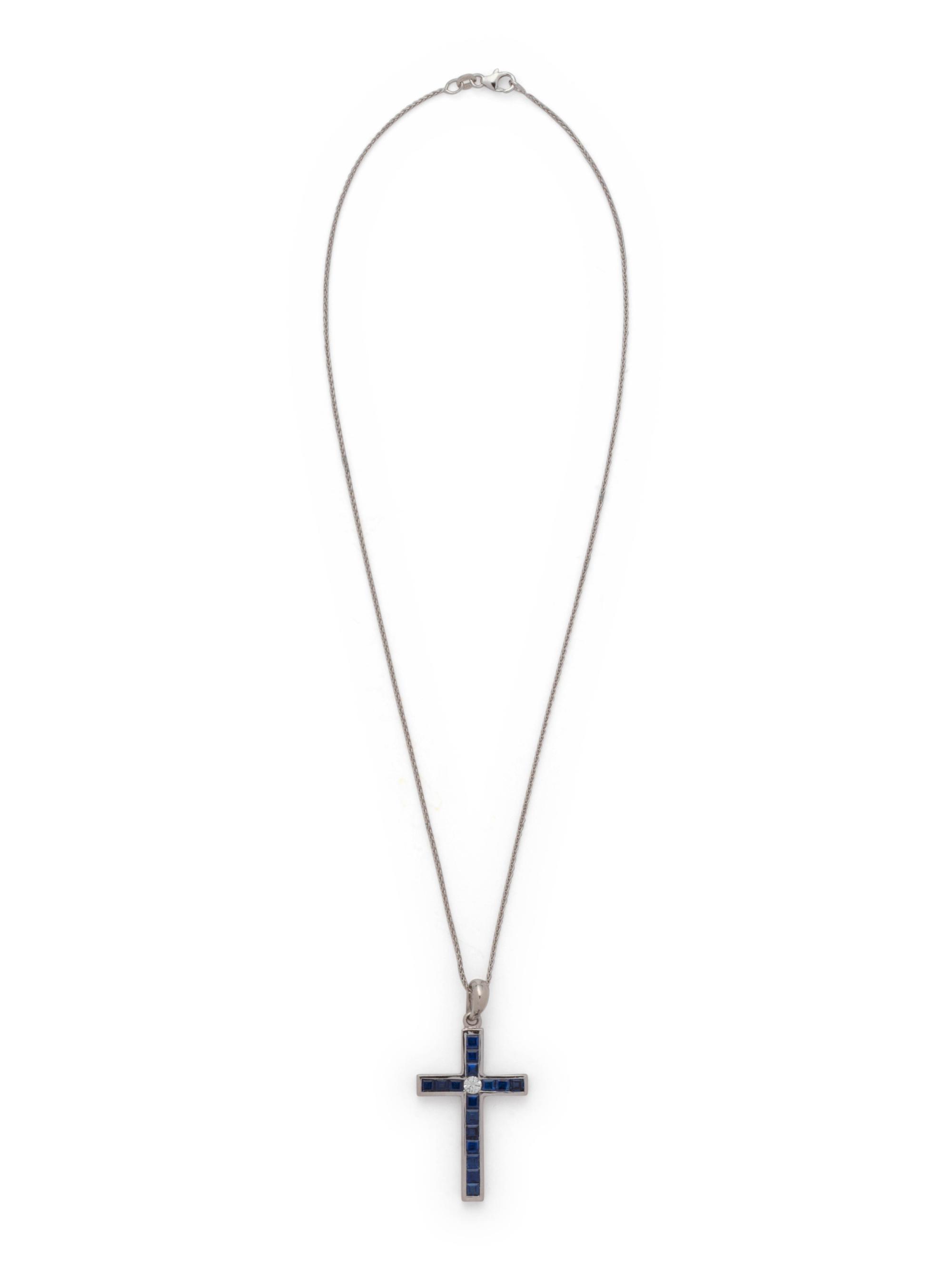 SAPPHIRE AND DIAMOND CROSS PENDANT/NECKLACE