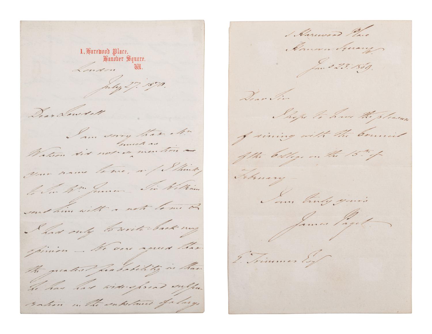 [MEDICINE]. PAGET, James (1814-1899). 2 autograph letters signed.