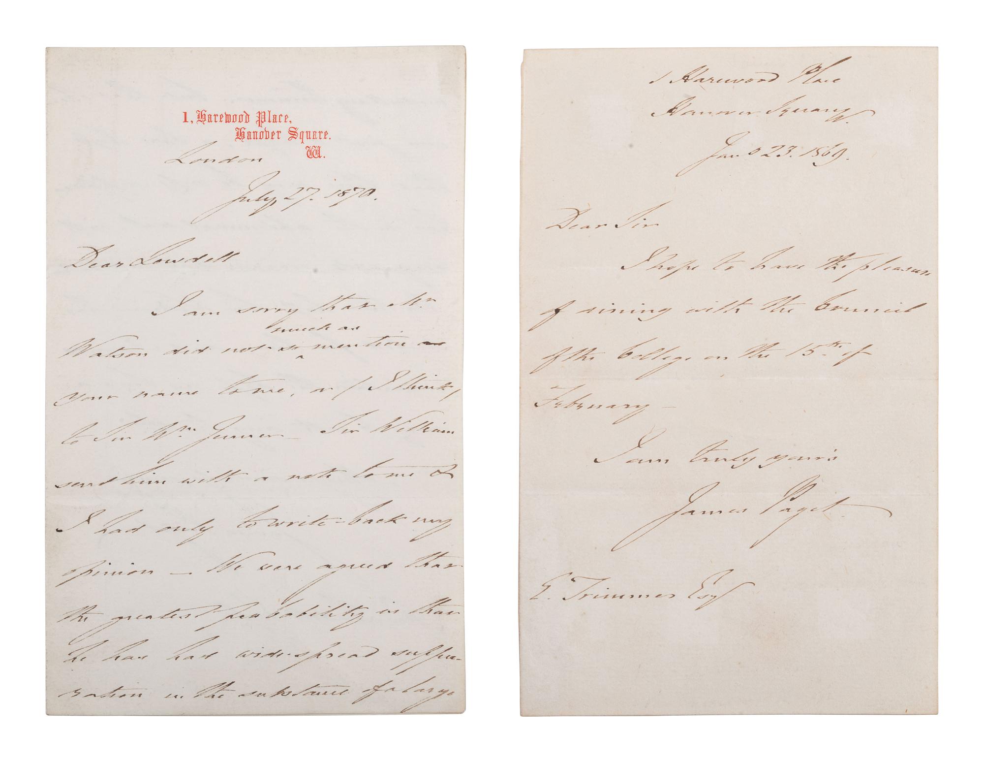 [MEDICINE]. PAGET, James (1814-1899). 2 autograph letters signed.