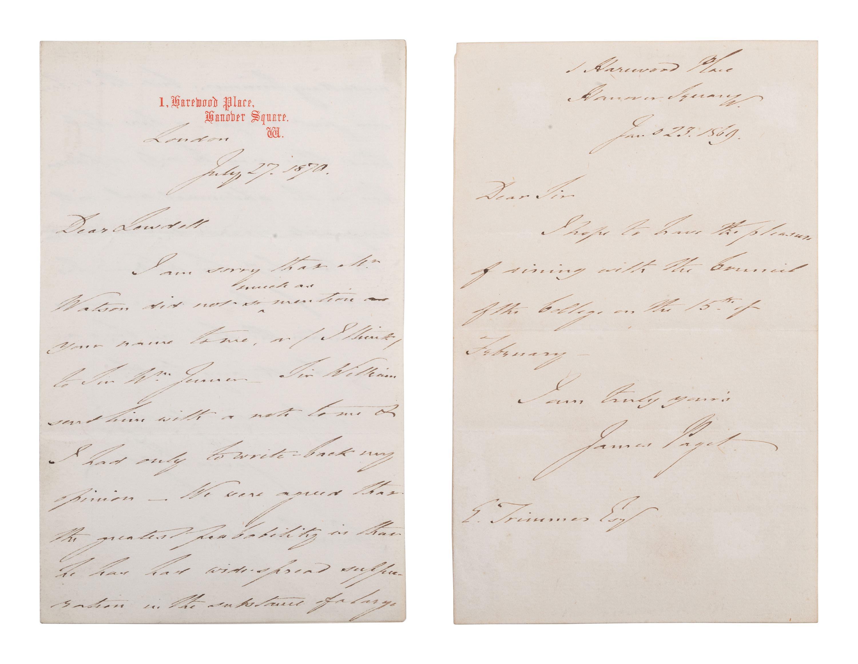 [MEDICINE]. PAGET, James (1814-1899). 2 autograph letters signed.