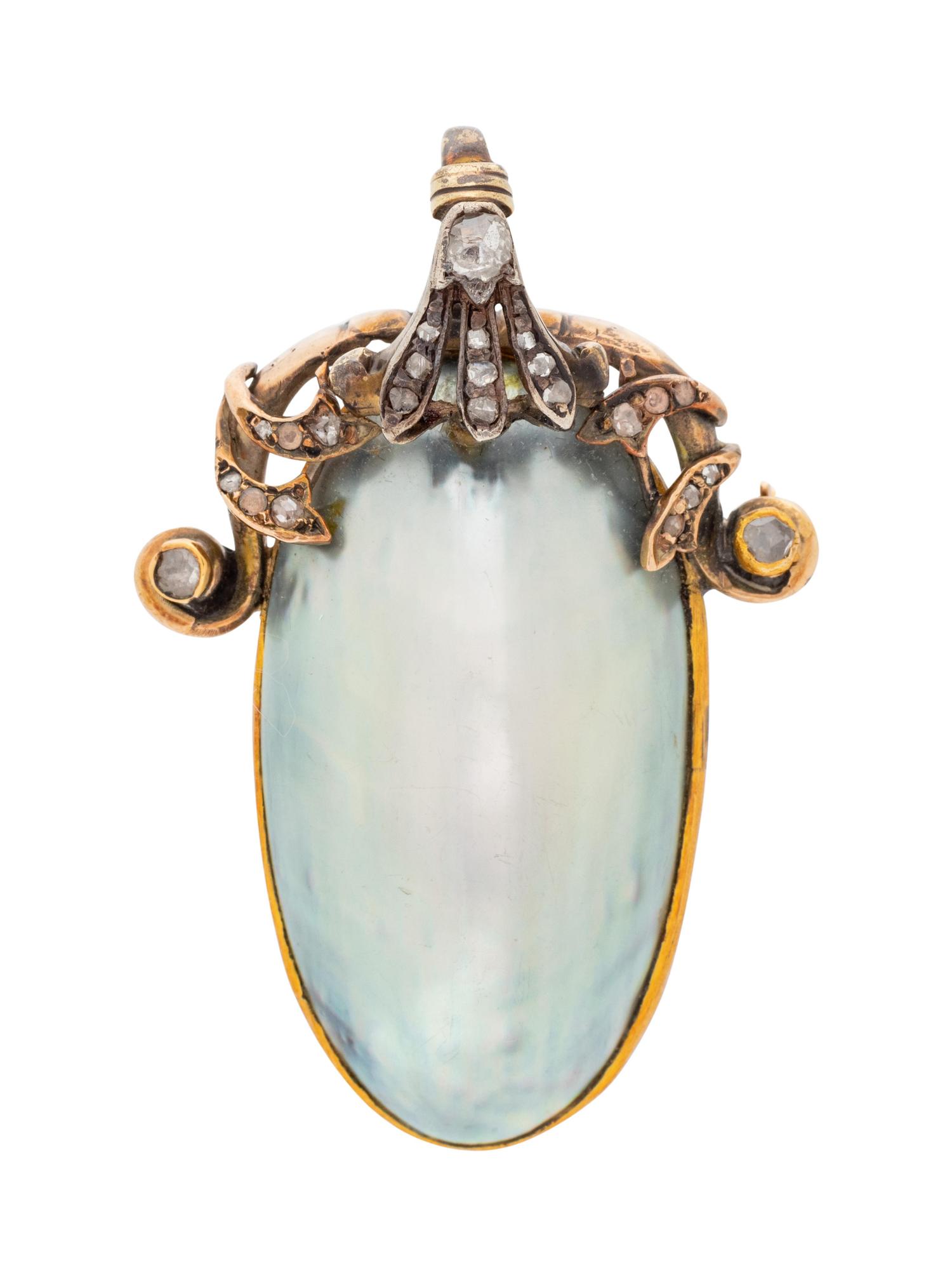 A Yellow Gold, Cultured Mabe Pearl and Diamond Pendant/Brooch,