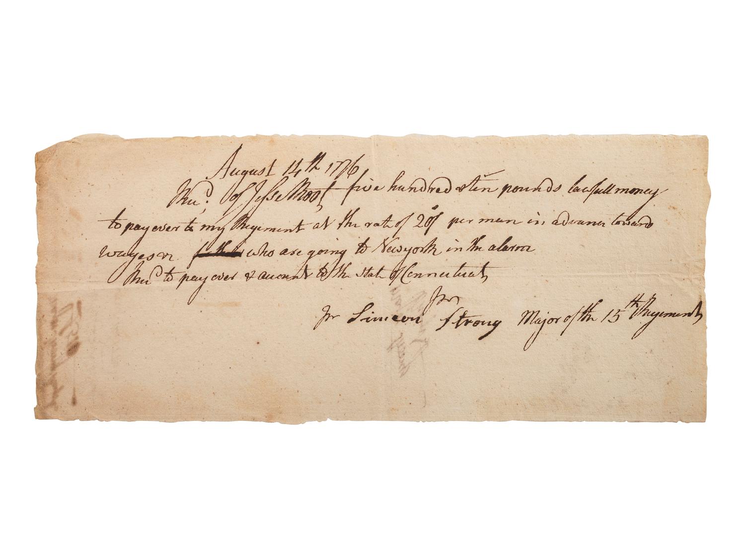 [REVOLUTIONARY WAR]. Documents related to payment of Connecticut soldiers.