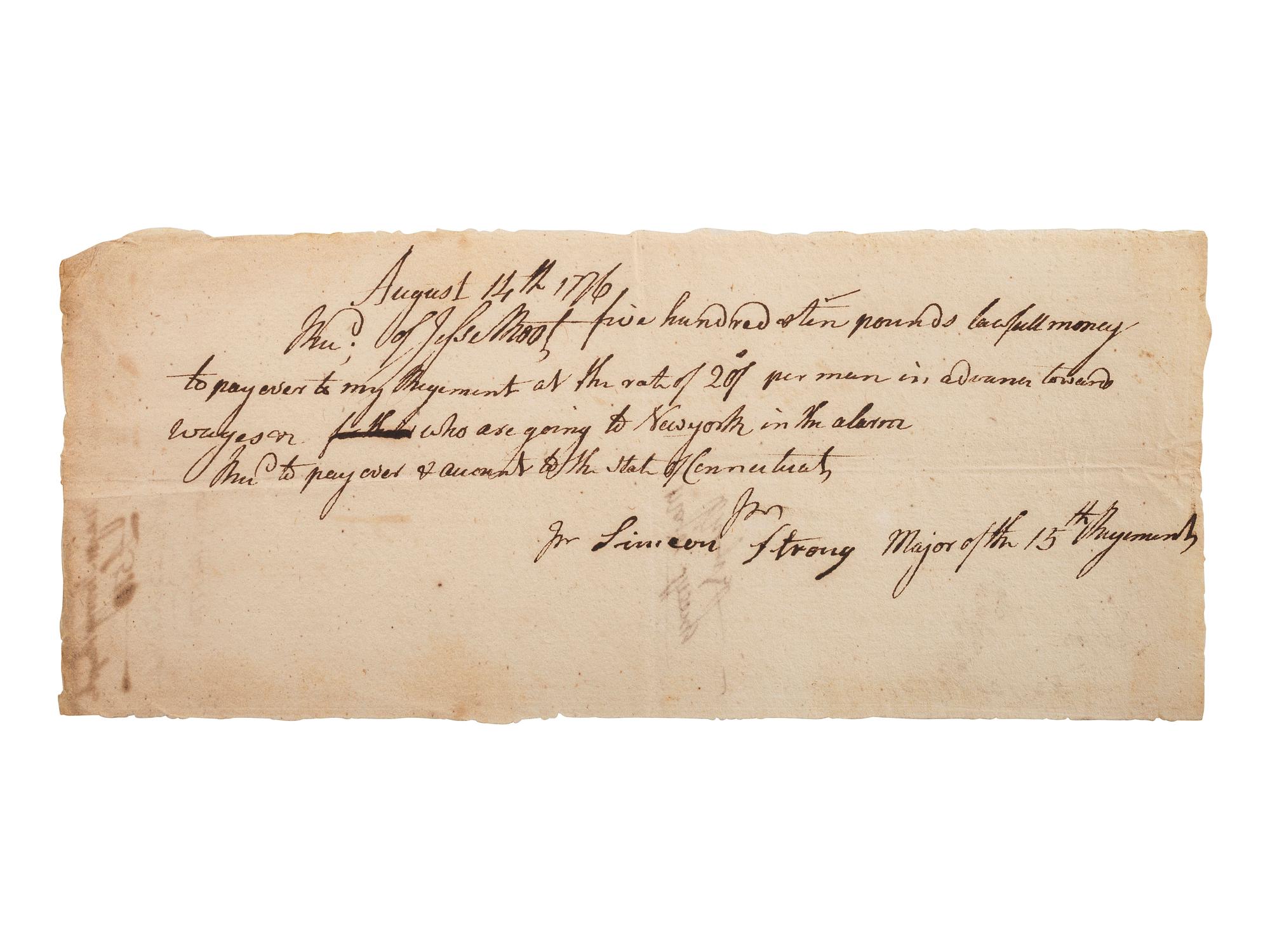 [REVOLUTIONARY WAR]. Documents related to payment of Connecticut soldiers.