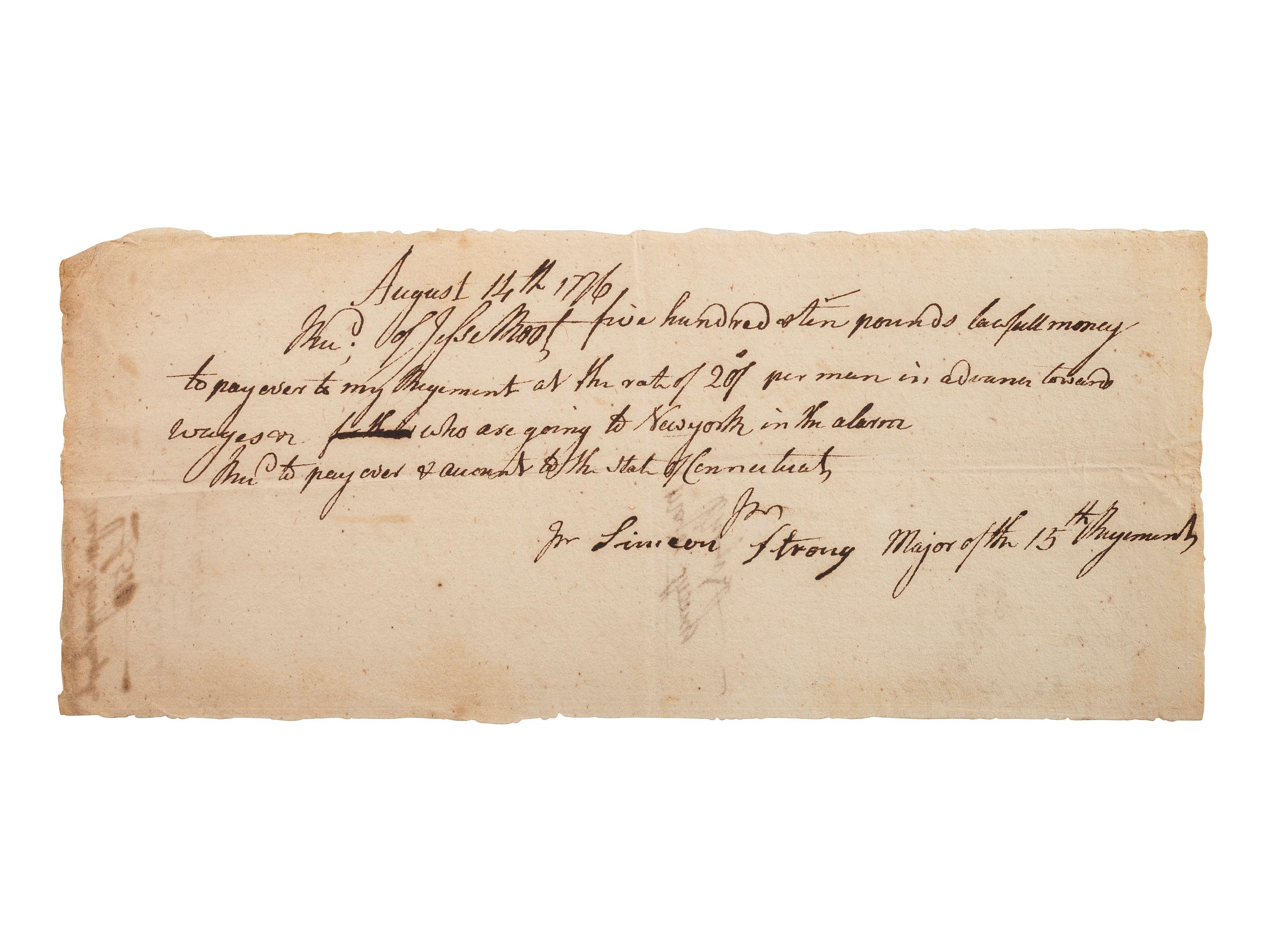 [REVOLUTIONARY WAR]. Documents related to payment of Connecticut soldiers.