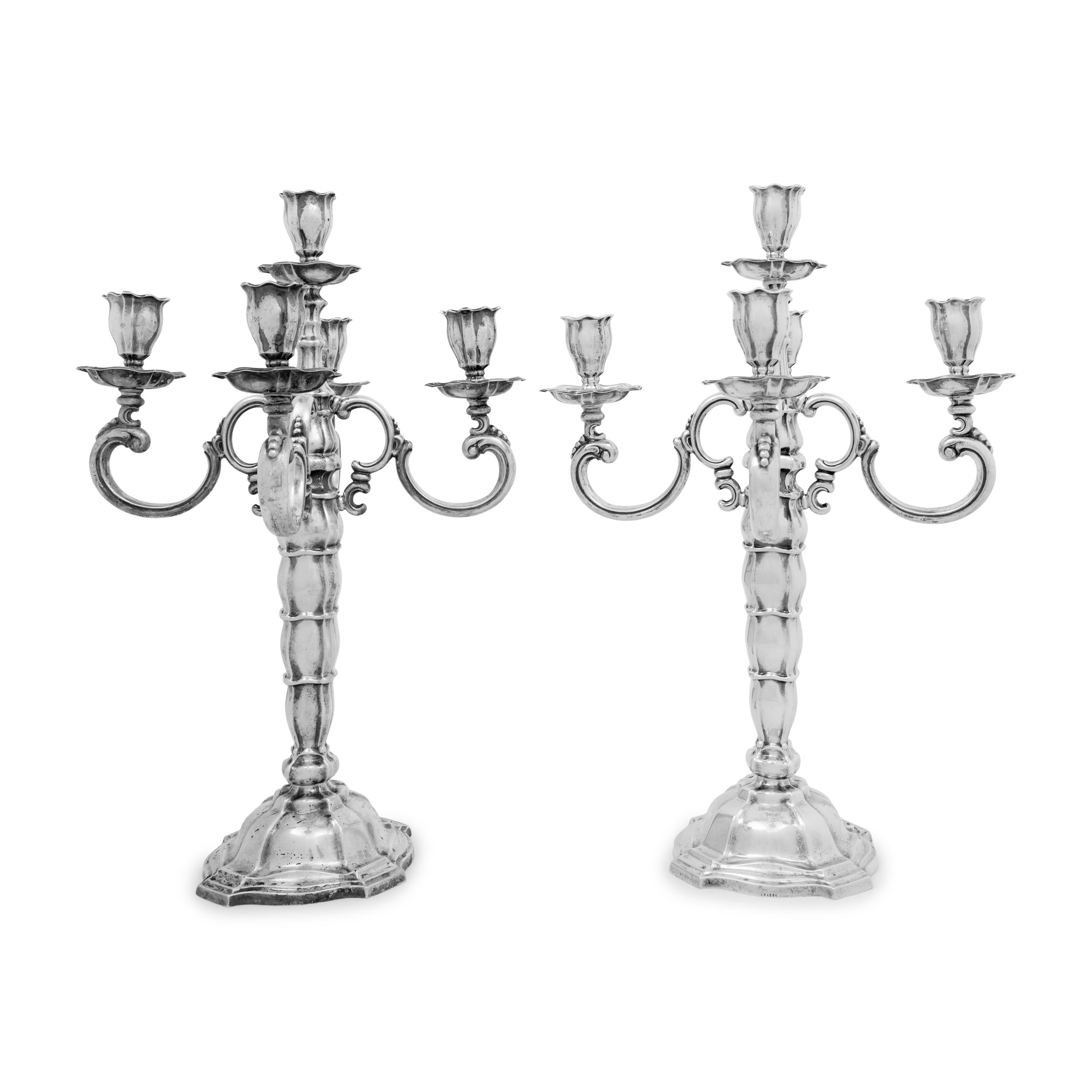 A Pair of German Silver Five-Light Candelabra