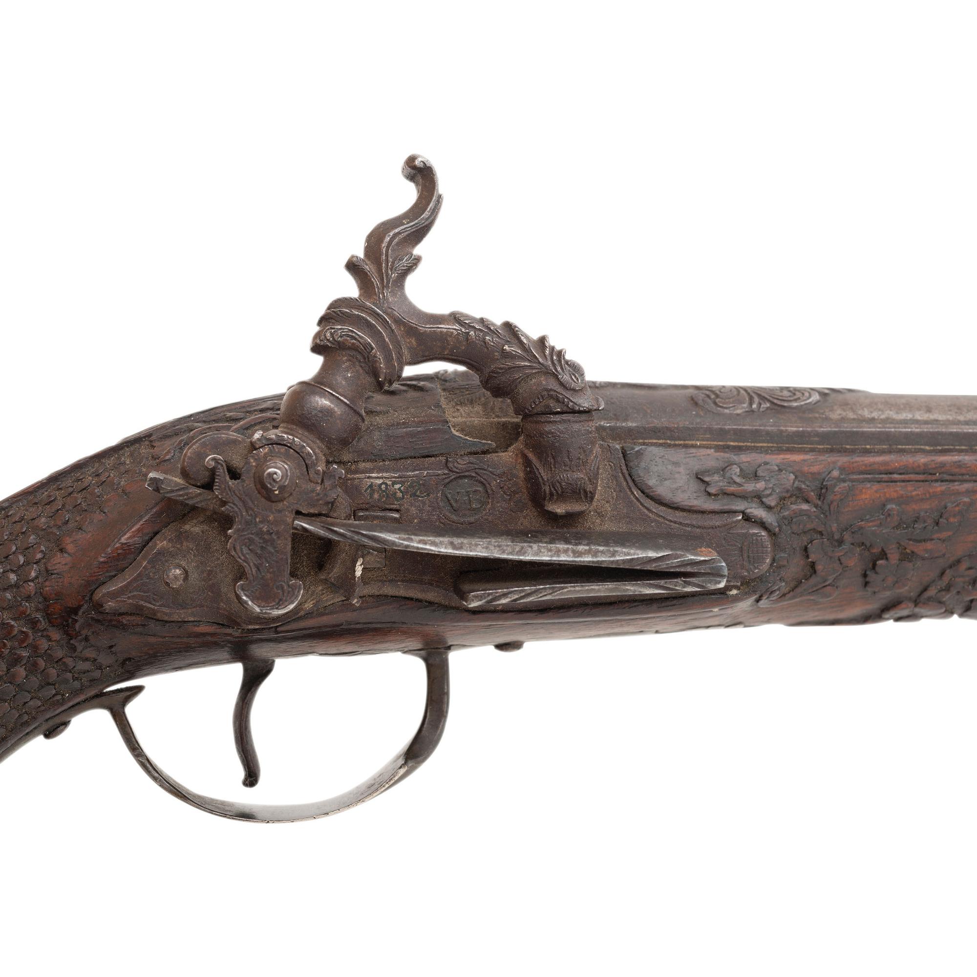 Fine Relief Carved Silver Mounted Spanish Percussion Miquelet Pistol Dated 1832