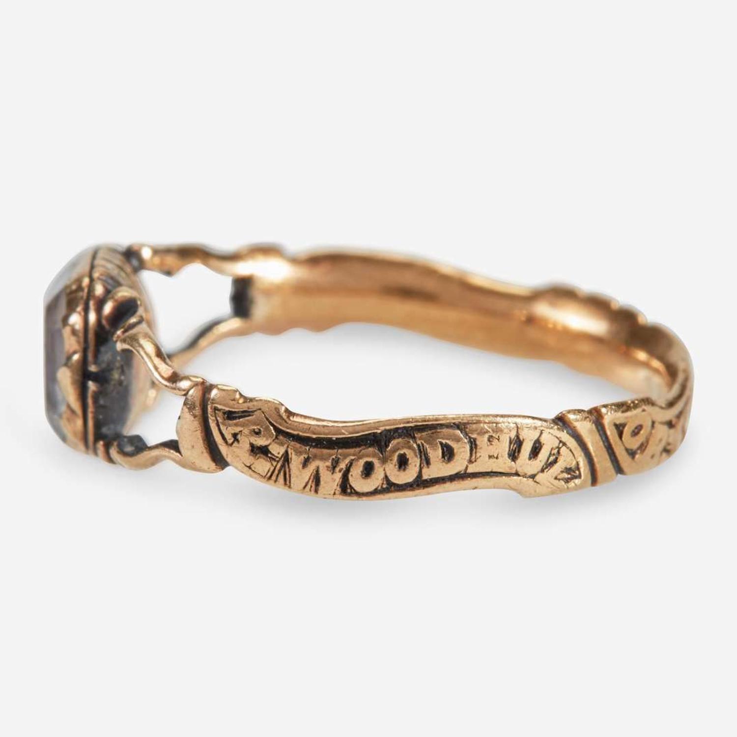 An American gold, enamel, and rock crystal mourning ring in memory of Rebecca Woodhull (1741-1764) of New Haven, CT Attributed to Richard Cutler (1736-1810), New Haven, CT, dated "1764"