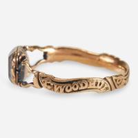 An American gold, enamel, and rock crystal mourning ring in memory of Rebecca Woodhull (1741-1764) of New Haven, CT Attributed to Richard Cutler (1736-1810), New Haven, CT, dated "1764"