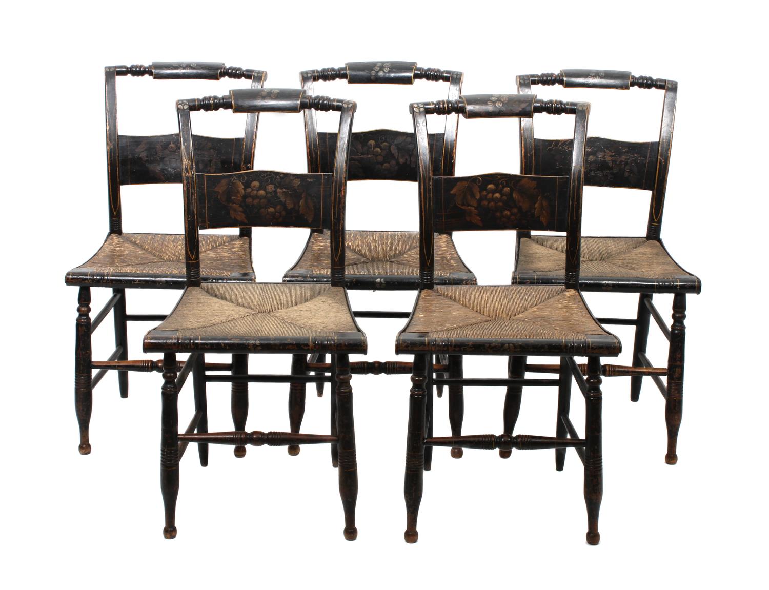 A Set of Eight Lacquered and Gilt Decorated Hitchcock Side Chairs Height 35 inches