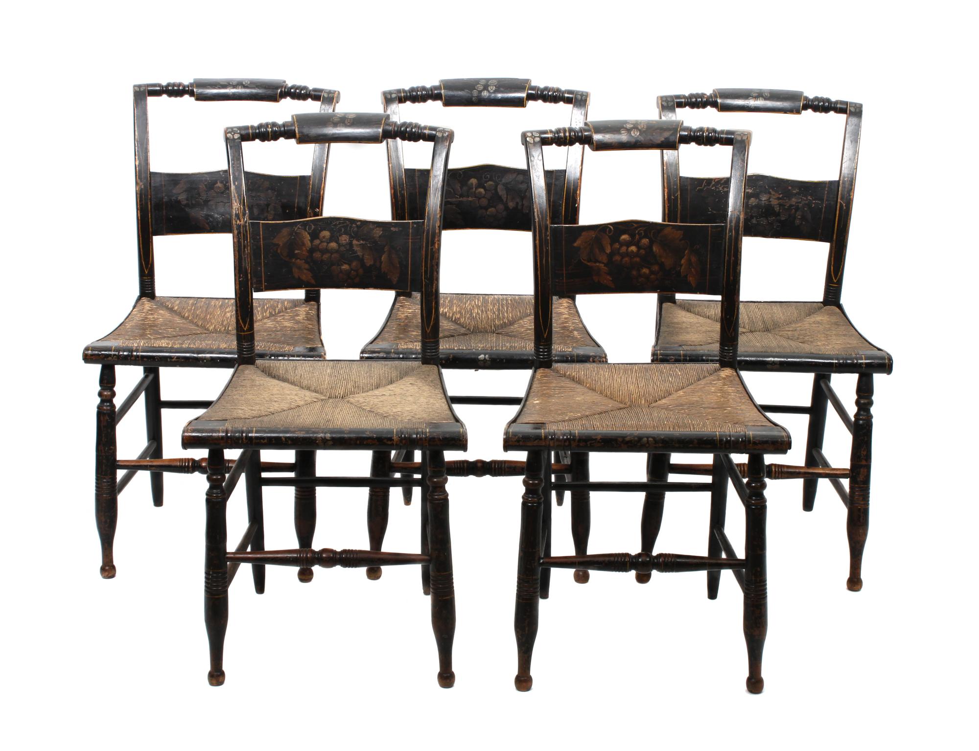 A Set of Eight Lacquered and Gilt Decorated Hitchcock Side Chairs Height 35 inches
