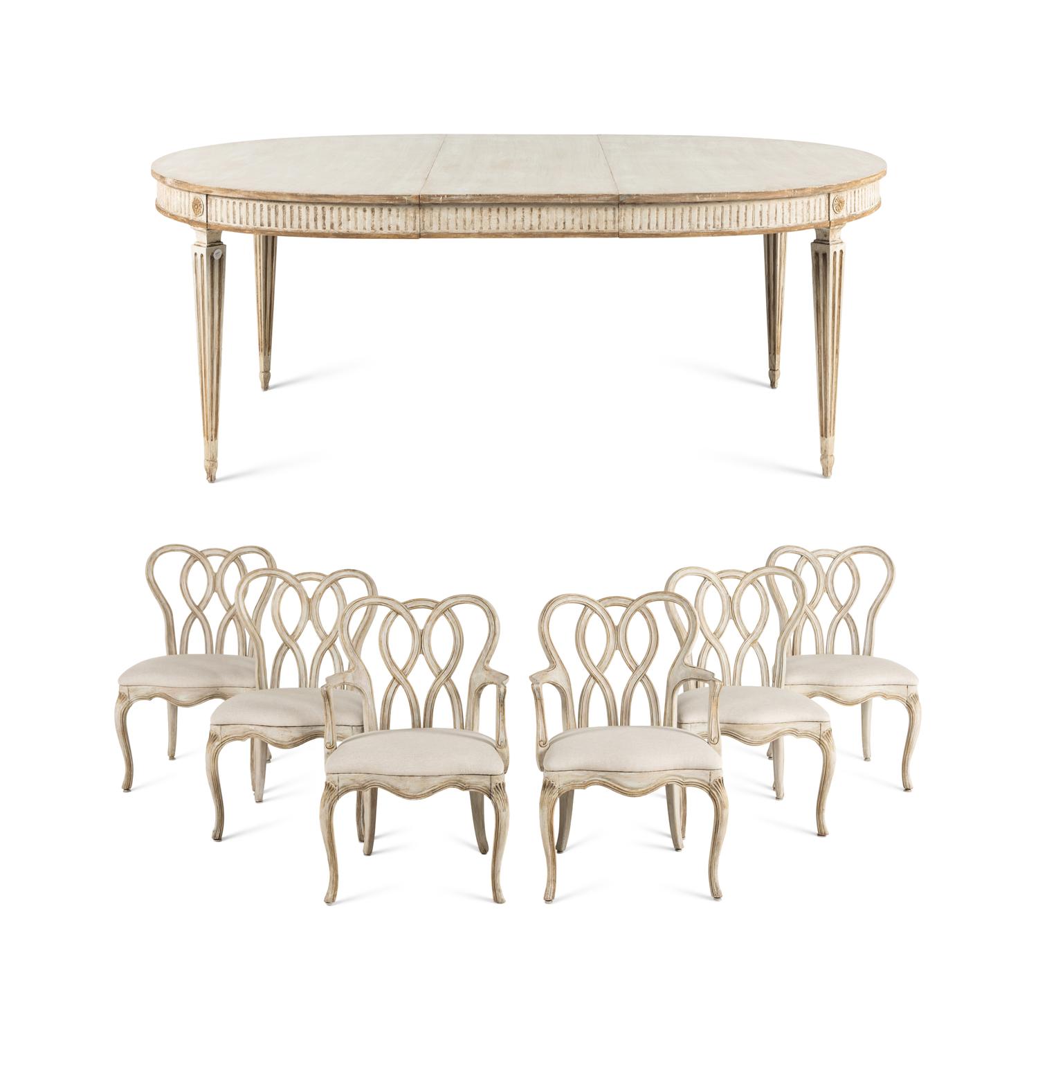 A Dennis and Leen Painted and Parcel-Gilt Dining Suite