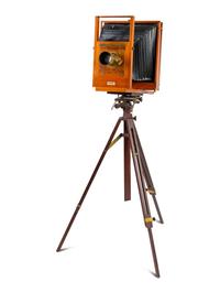 A Voigtländer & Sohn Brass and Walnut Tintype Camera with Tripod Stand