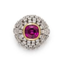 Synthetic Pink Sapphire, Diamond, and Platinum Bombé Ring