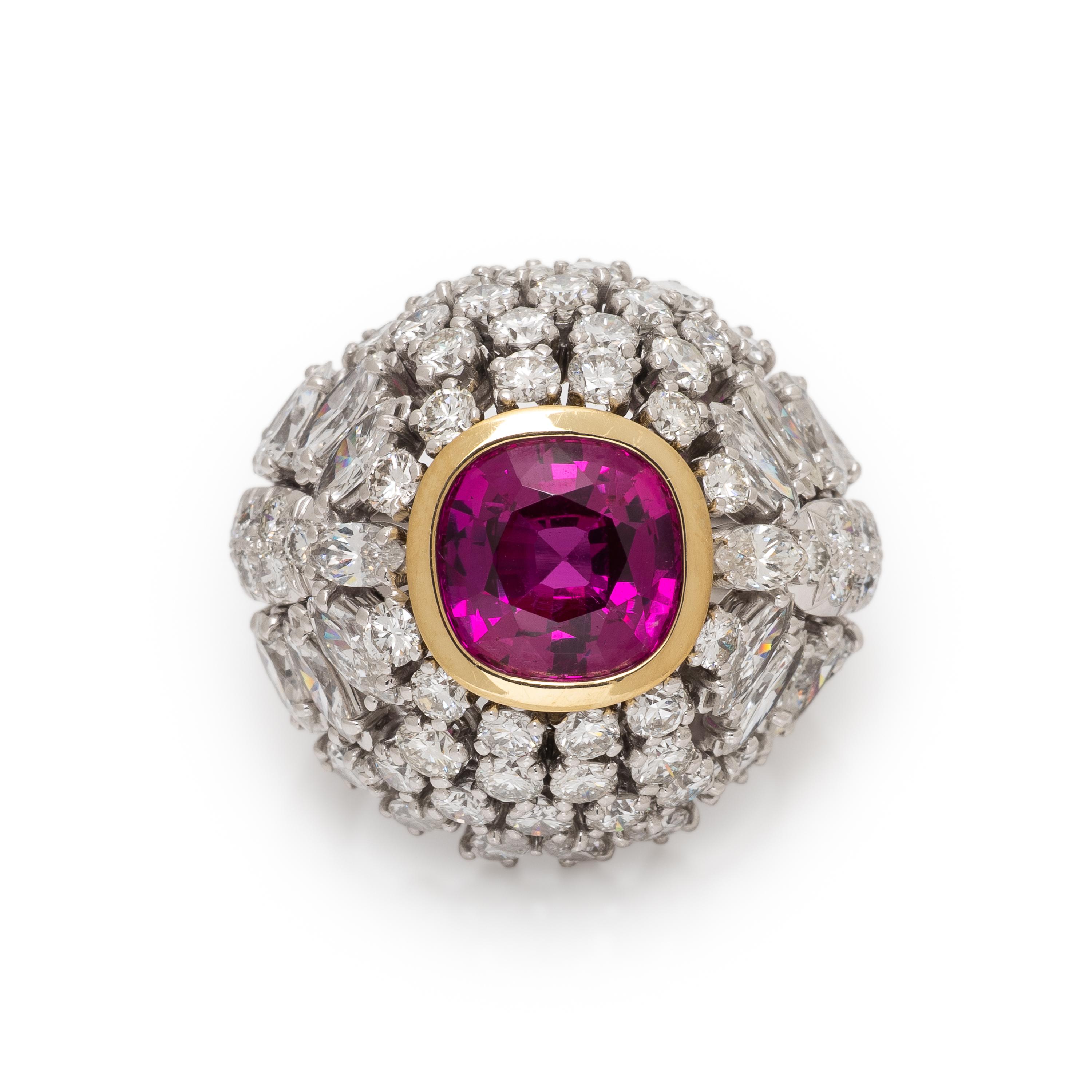 Synthetic Pink Sapphire, Diamond, and Platinum Bombé Ring