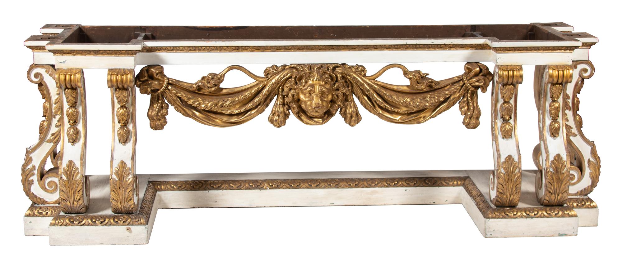 An English Carved, Painted and Giltwood Marble Top Console Table — AFTER WILLIAM KENT, 19TH CENTURY