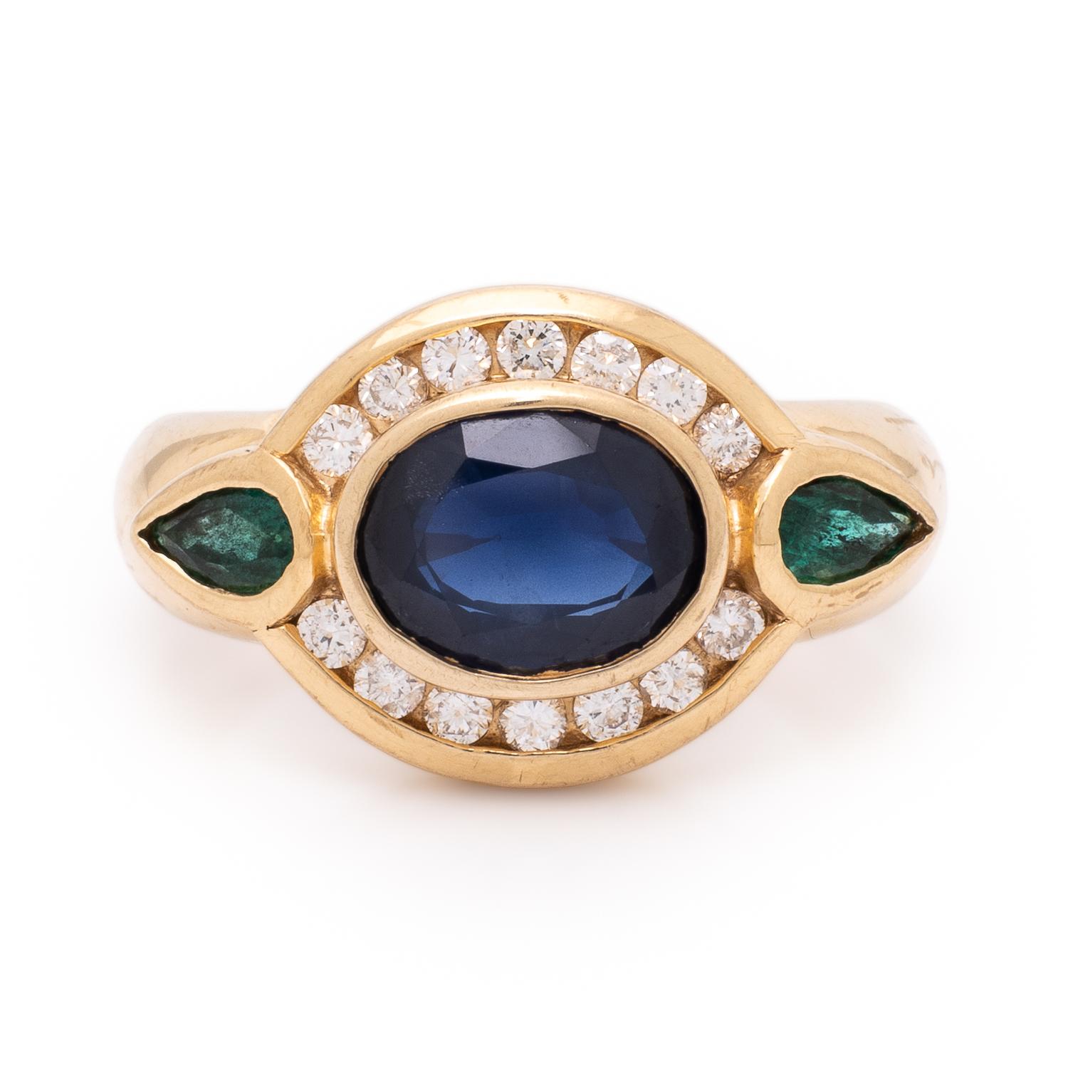 Sapphire, Diamond, Emerald, and Yellow Gold Ring