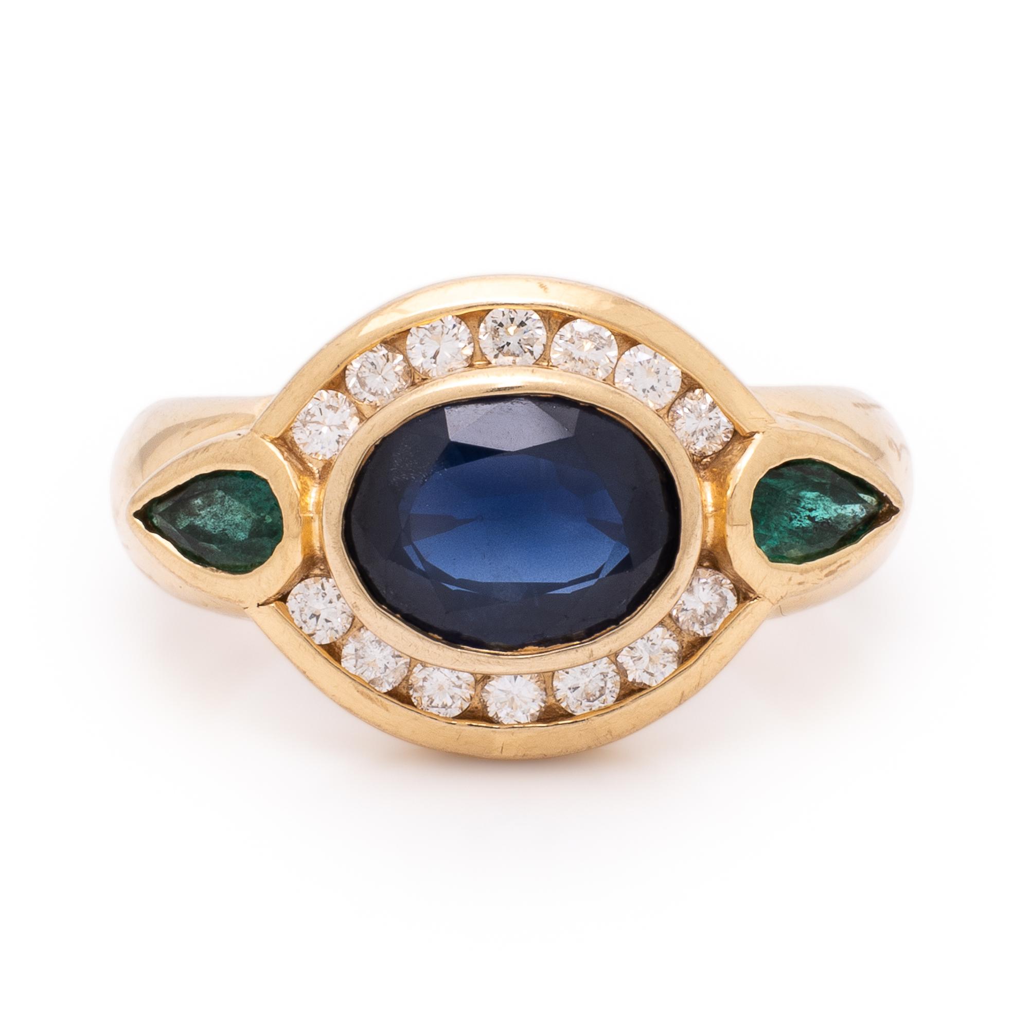 Sapphire, Diamond, Emerald, and Yellow Gold Ring