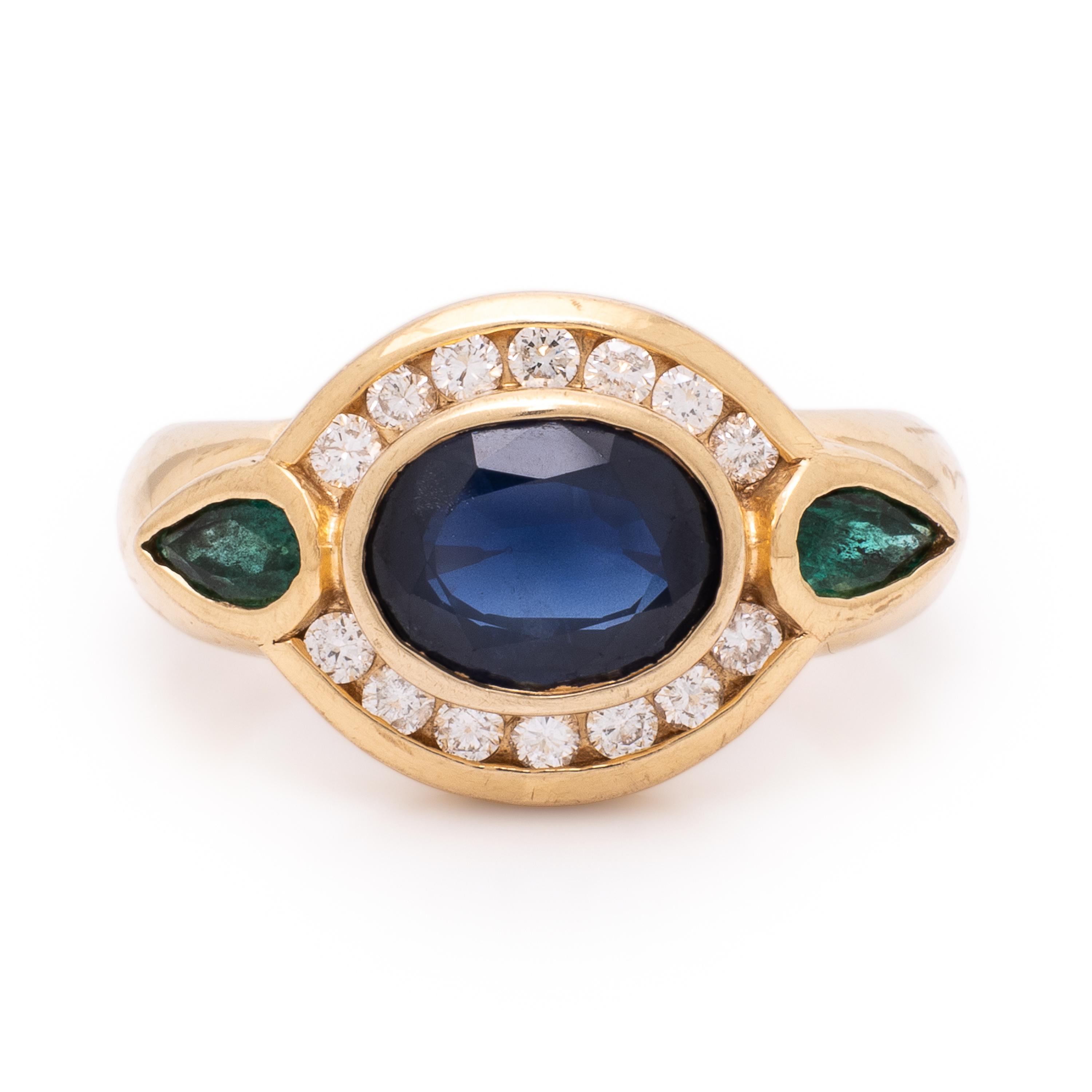 Sapphire, Diamond, Emerald, and Yellow Gold Ring