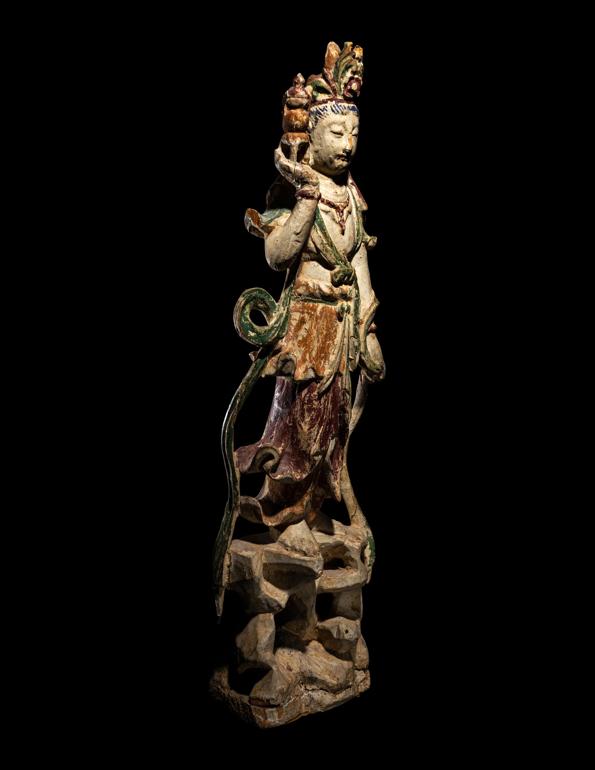 A Chinese Polychrome Painted Wood Guanyin