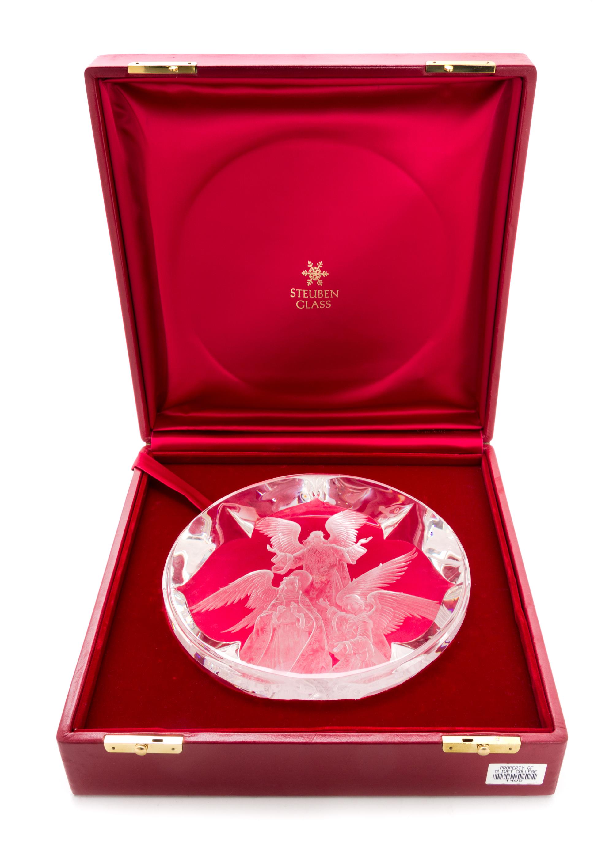 A Steuben Glass Rondel, Glass Design Donald Pollard, Engraving Design Charlotte-Linnea Hallett Height 9 1/4 x width 9 1/2 x depth 2 1/4