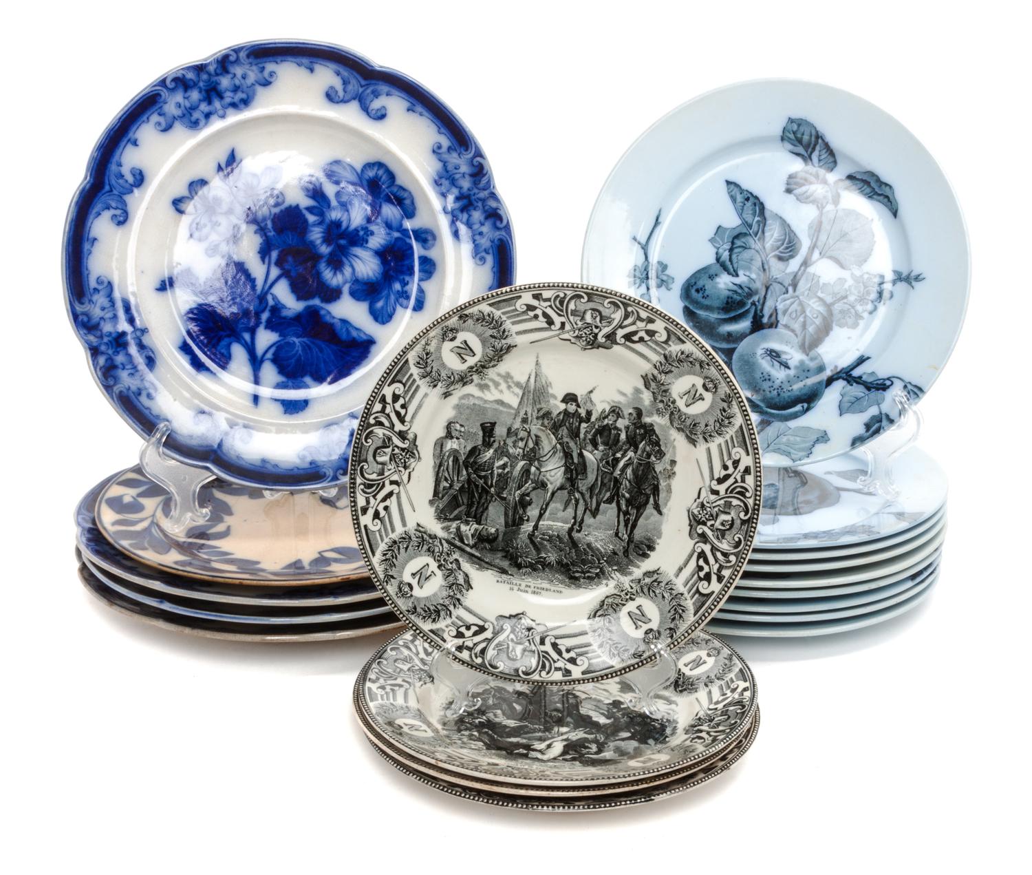 A Collection of Eighteen 19th Century Transfer Decorated Plates Diameter of largest 11 1/2 inches.