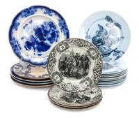 A Collection of Eighteen 19th Century Transfer Decorated Plates Diameter of largest 11 1/2 inches.