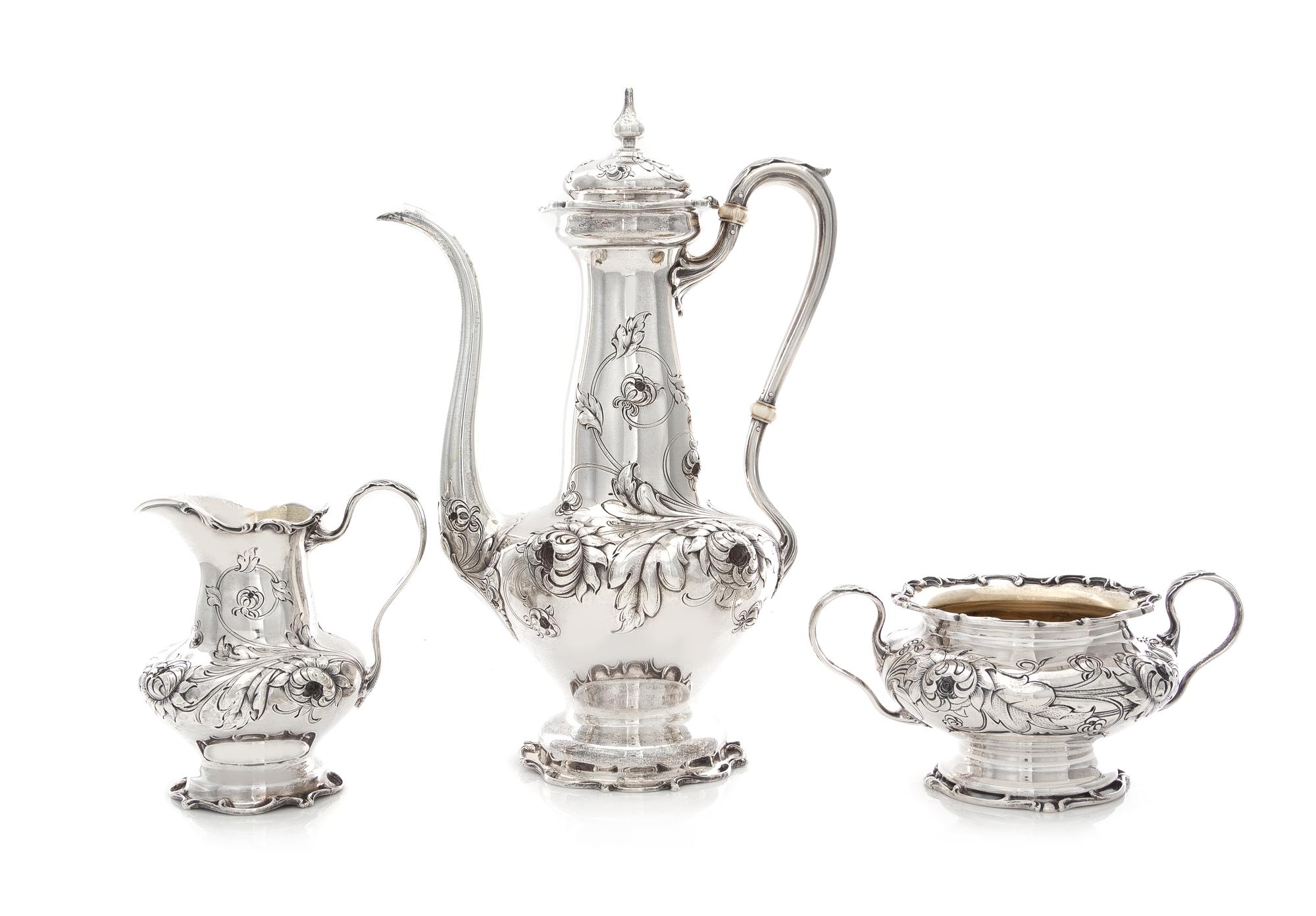 An American Silver Three-Piece Coffee Service, Gorham Mfg. Co., Providence, RI, comprising a coffee pot, creamer and sugar, each body w