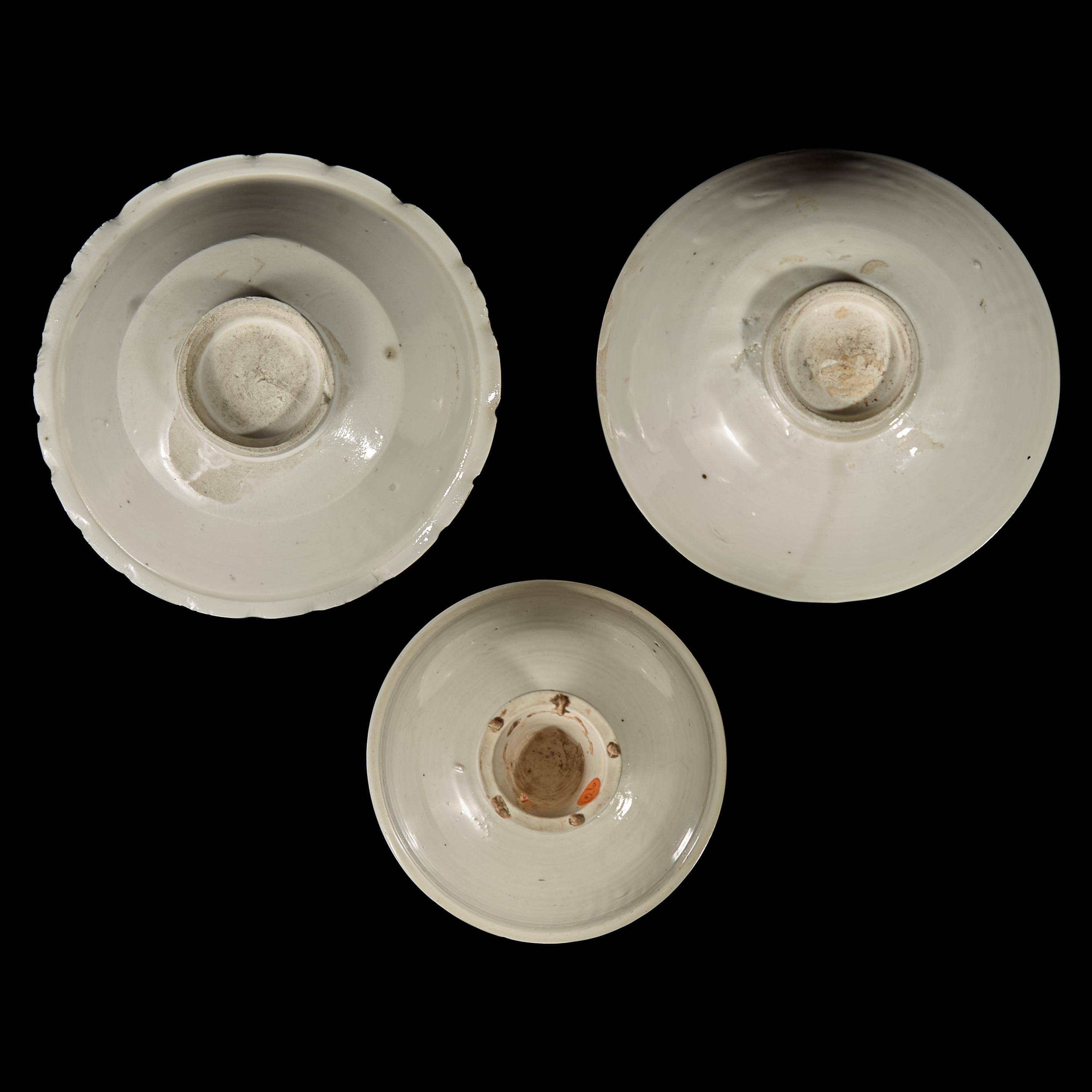 Two Chinese Huozhou White Glazed Bowls and a Stem Cup, Song Dynasty 宋 霍州窯白釉瓷碗二及高足杯一