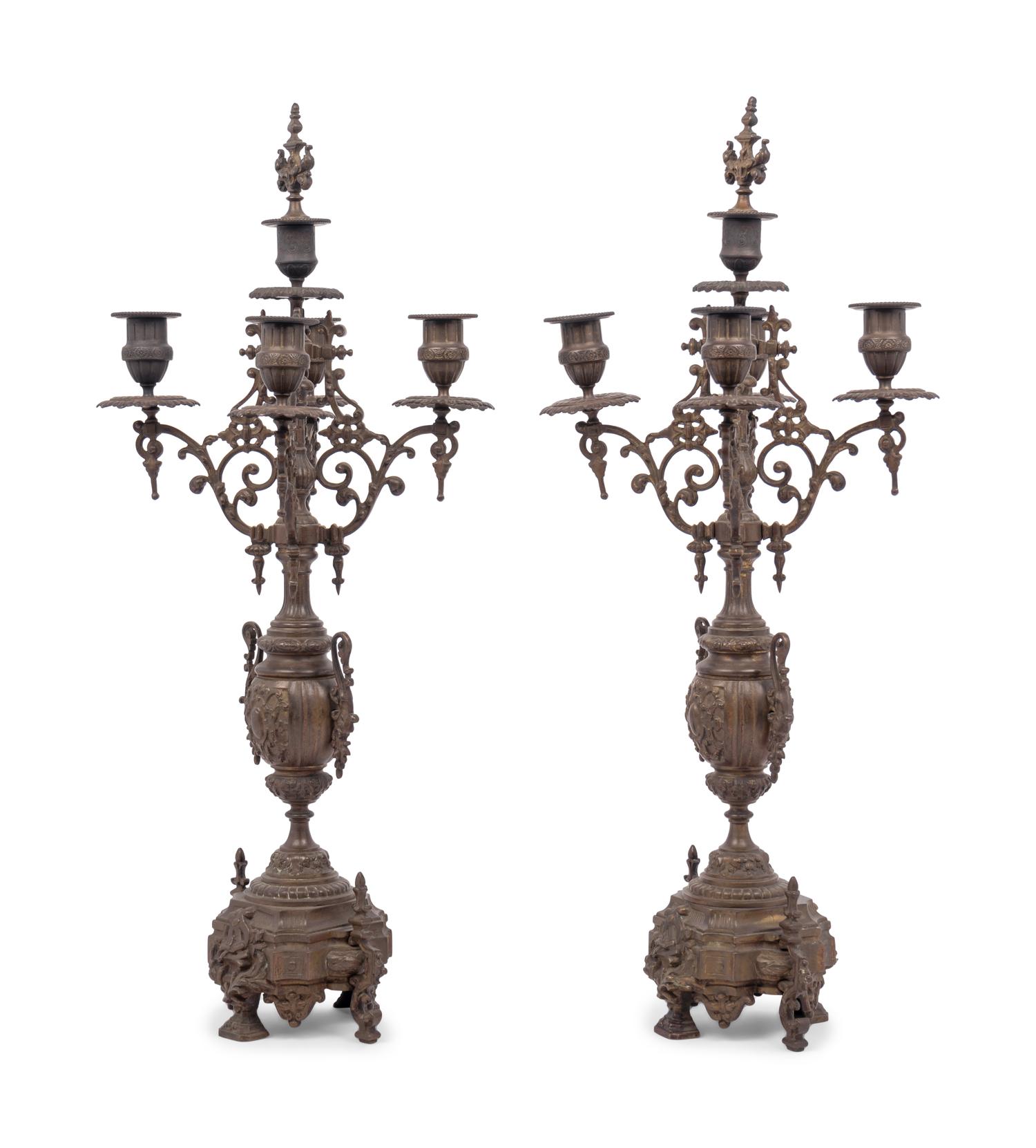A Pair of French Neoclassical Bronze Four-Light Candelabra