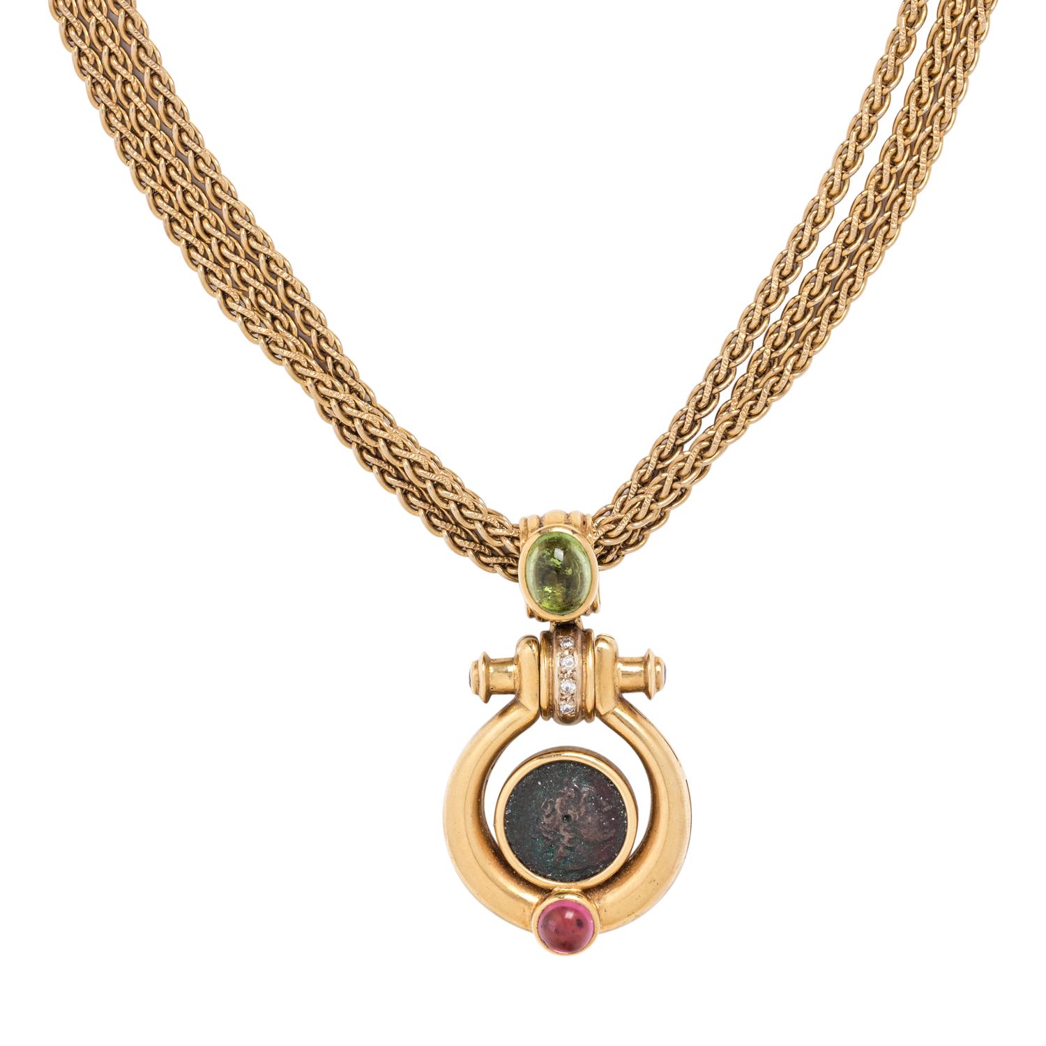 YELLOW GOLD, COIN, GEMSTONE AND DIAMOND PENDANT/NECKLACE