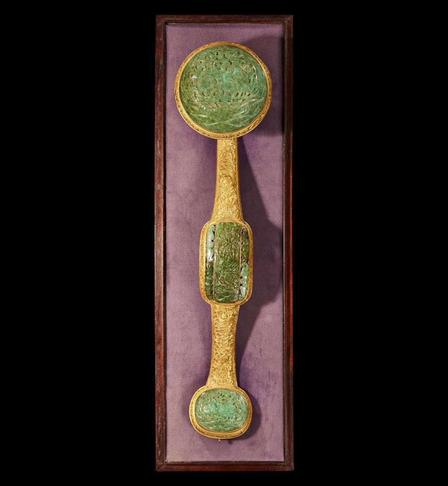 A Chinese jadeite mounted gilt bronze ruyi scepter and wood stand 銅鎏金嵌翡翠如意及木底座