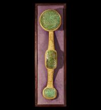 A Chinese jadeite mounted gilt bronze ruyi scepter and wood stand 銅鎏金嵌翡翠如意及木底座