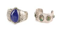 Two Southwestern Cuff Bracelets Length of largest 6 1/4 x opening 1 x width 2 1/4 inches