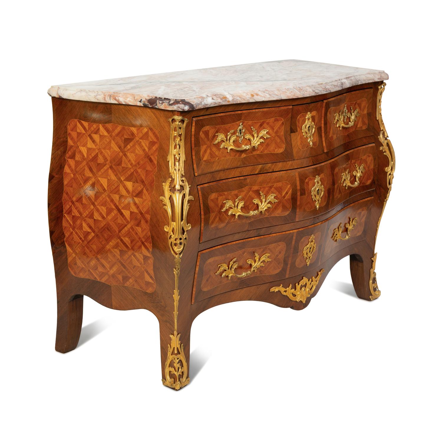 A Louis XV Style Kingwood Parquetry Marble Top Bombe Commode