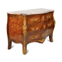 A Louis XV Style Kingwood Parquetry Marble Top Bombe Commode