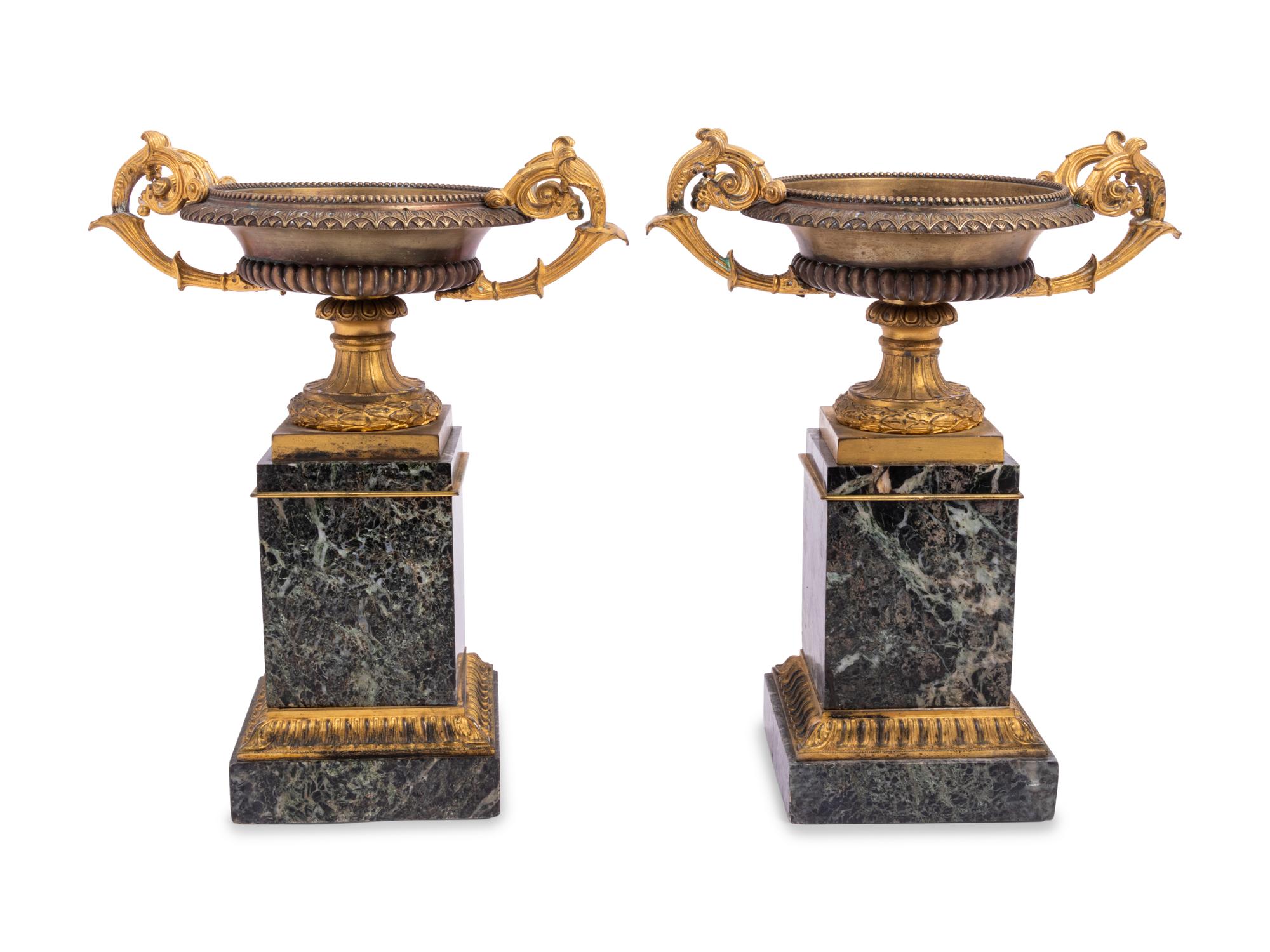 A Pair of Continental Gilt Bronze and Marble Tazze Ornaments