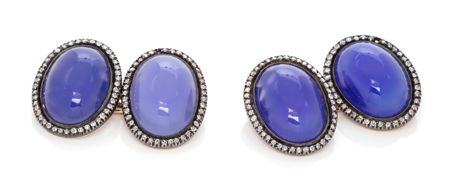 A Pair of Silver Topped Yellow Gold, Chalcedony and Diamond Cufflinks, 12.00 dwts.