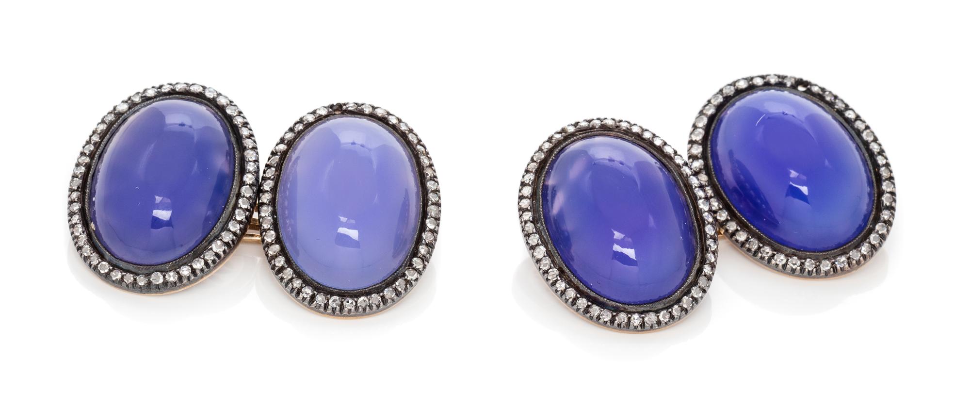 A Pair of Silver Topped Yellow Gold, Chalcedony and Diamond Cufflinks, 12.00 dwts.