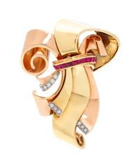 A Retro 14 Karat Bicolor Gold, Ruby and Diamond Brooch, Whitehouse Brothers, 14.00 dwts.