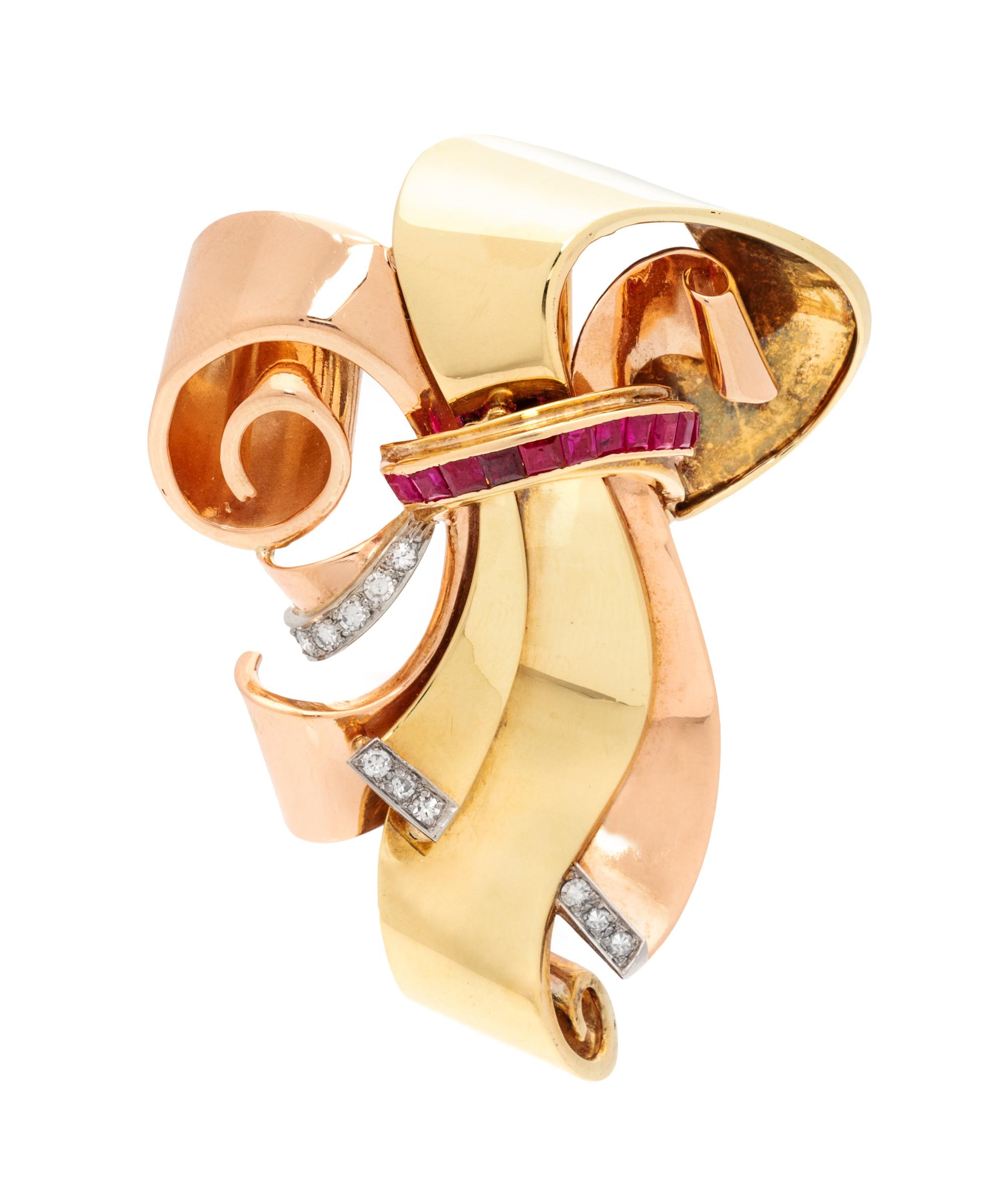 A Retro 14 Karat Bicolor Gold, Ruby and Diamond Brooch, Whitehouse Brothers, 14.00 dwts.